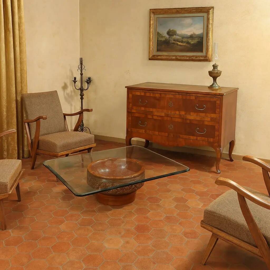Vintage coffee table with a glass top and a terracotta base, 20th century.