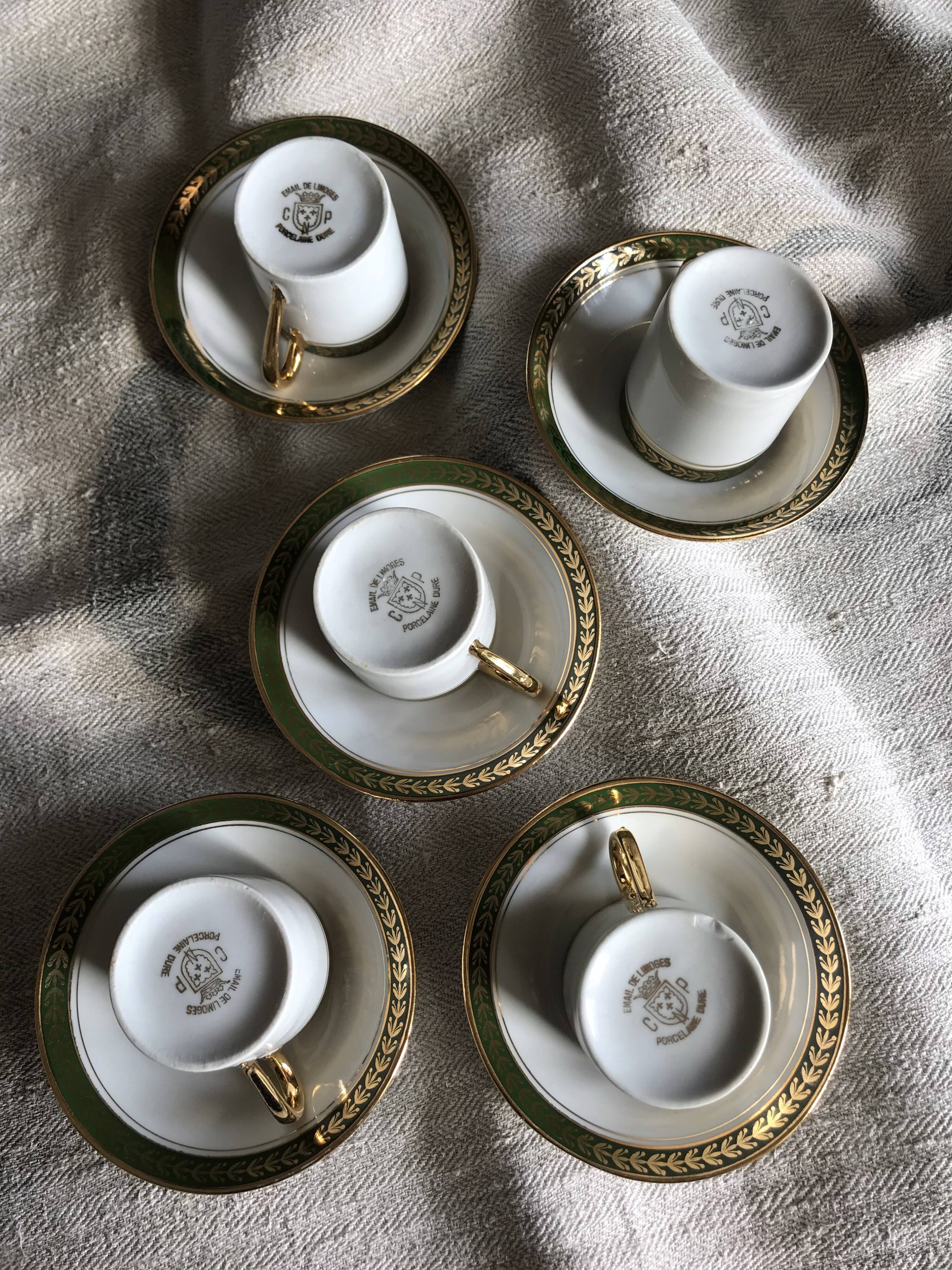 Vintage mocha set 5 coffee cups Napoleon porcelain white frieze green gold by hand