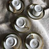 Vintage mocha set 5 coffee cups Napoleon porcelain white frieze green gold by hand