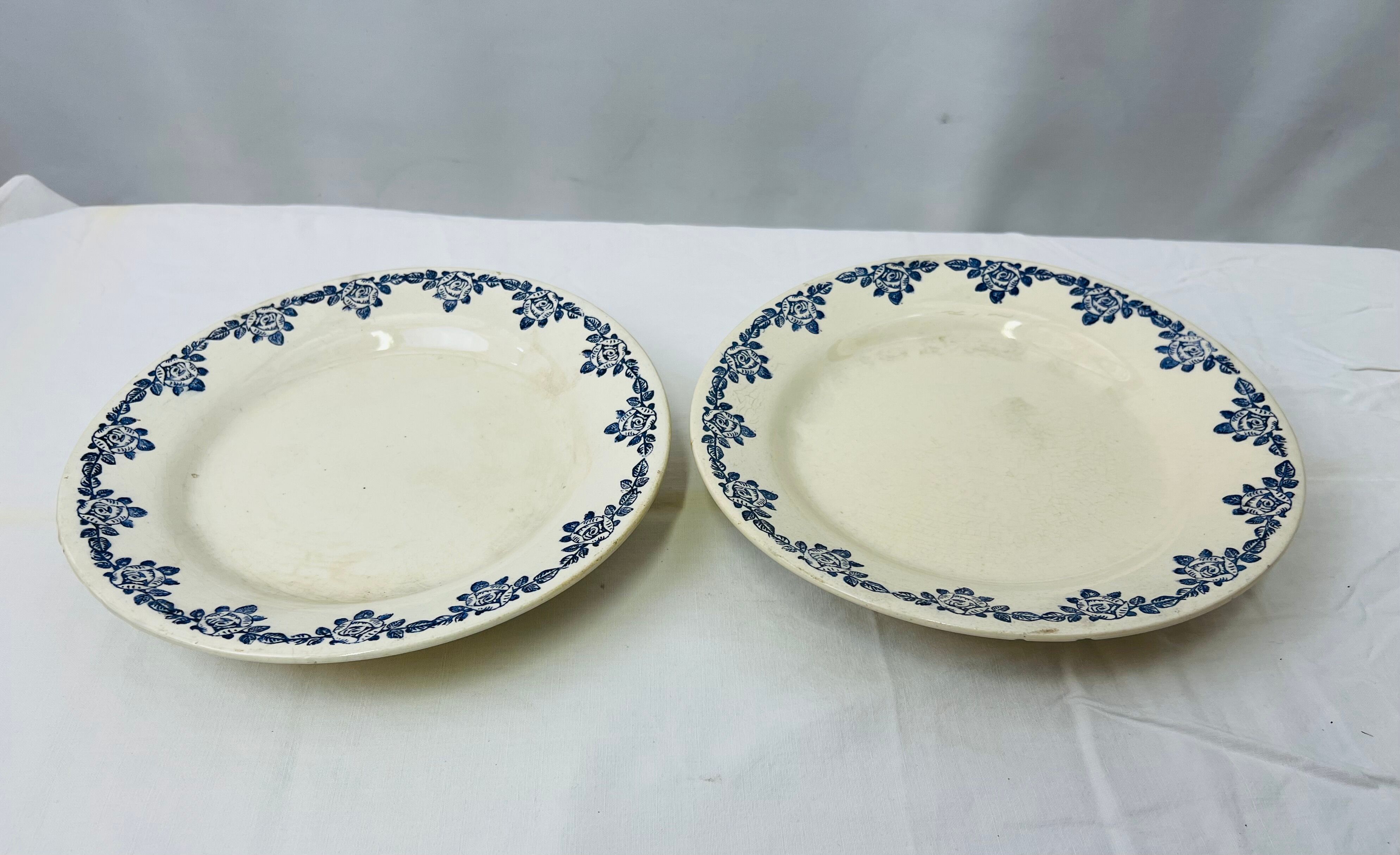 Pair of flat cut on foot faience white and blue