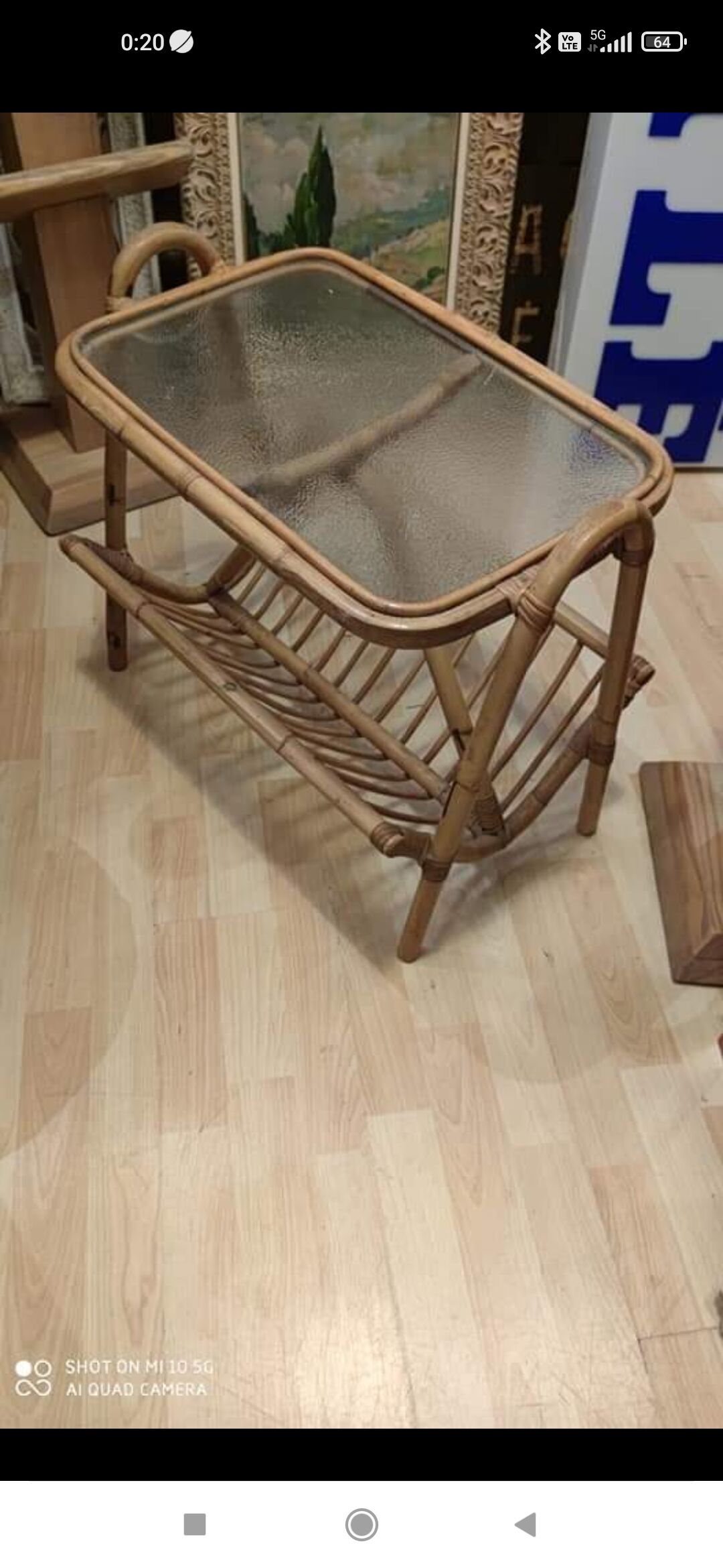 Rattan and frosted glass end table with magazine rack