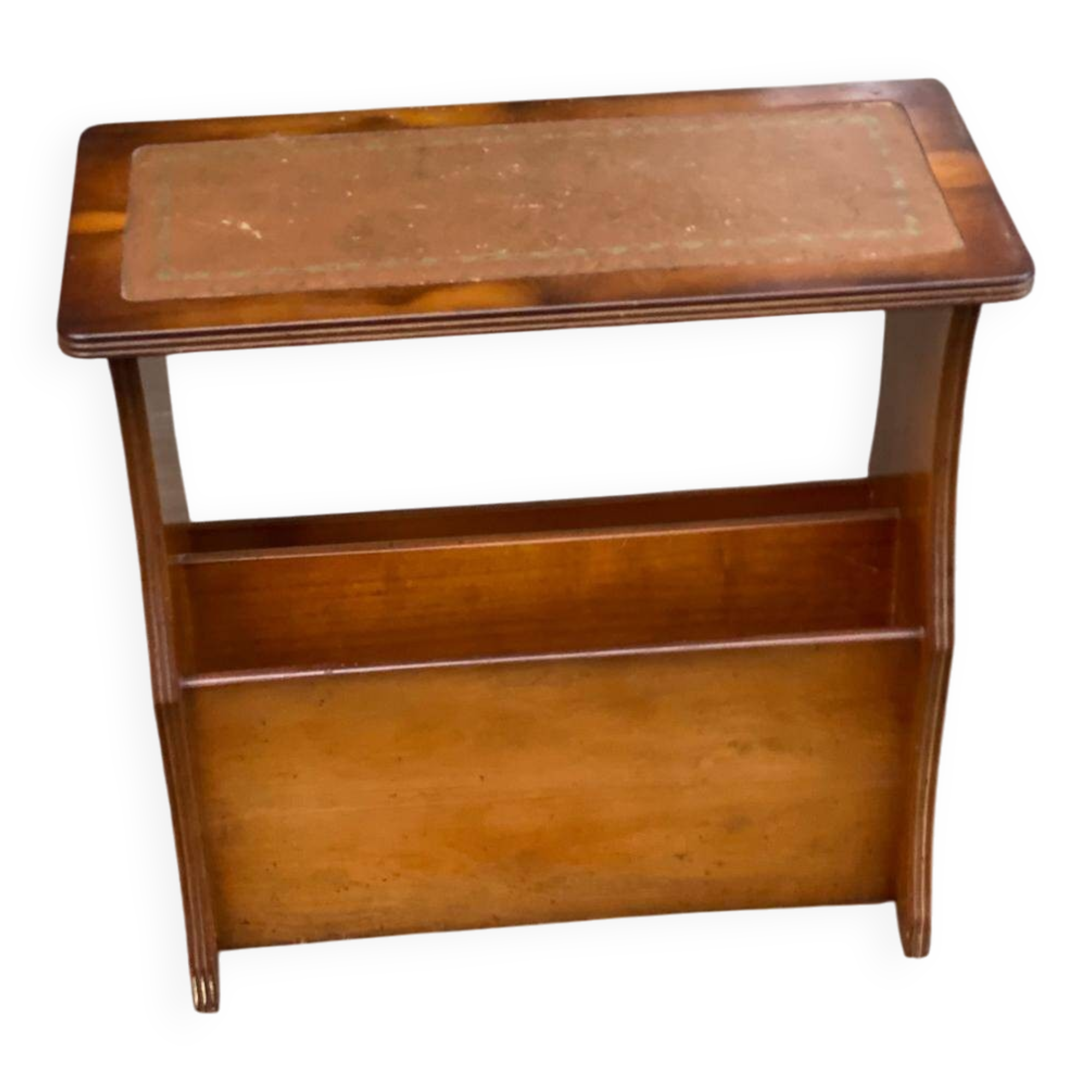 English magazine holder in wood and brown leather