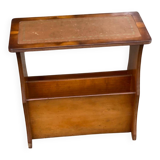 English magazine holder in wood and brown leather