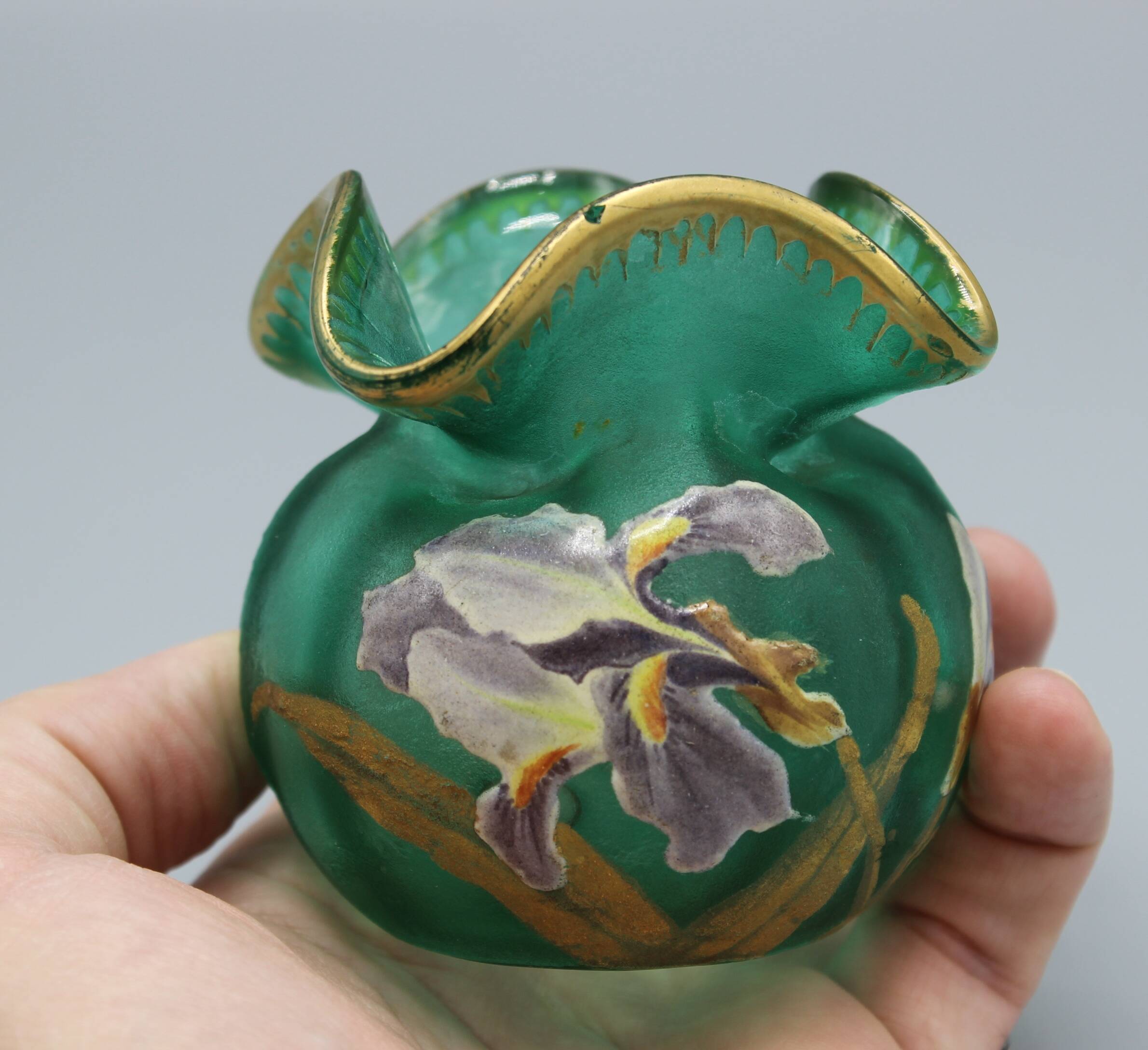 old small frosted glass ball vase floral art nouveau decor legras mont