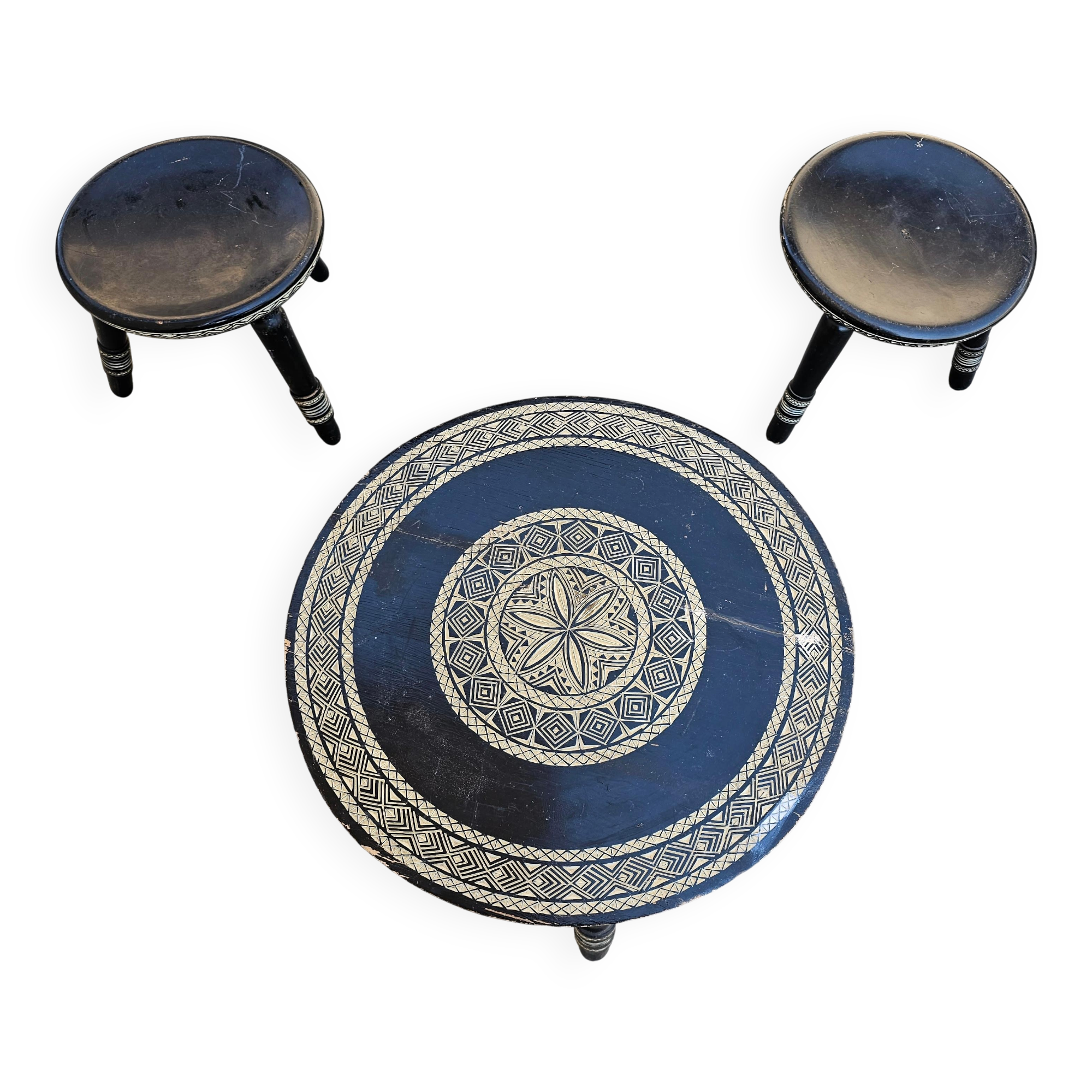 Antique hand-carved coffee table with 6 stools by Ettore Zacchari, 1900s.
