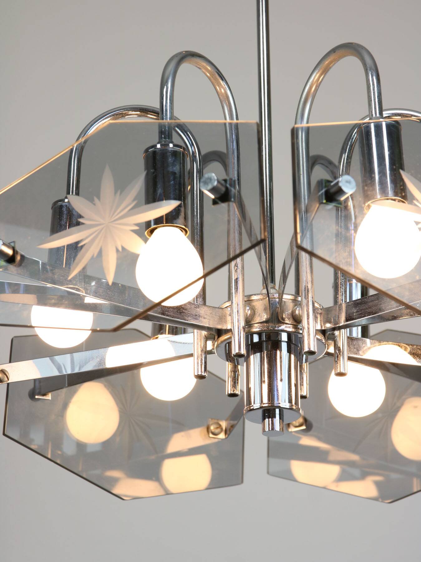 Vintage Italian Chrome and Glass Chandelier, 70s
