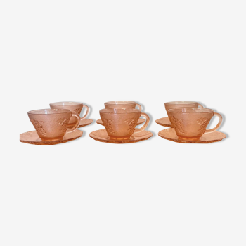 Service à café de 6 tasses en verre rose vintage