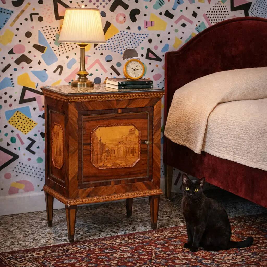 Antique neoclassical bedside table in maple, Italy, 18th century.