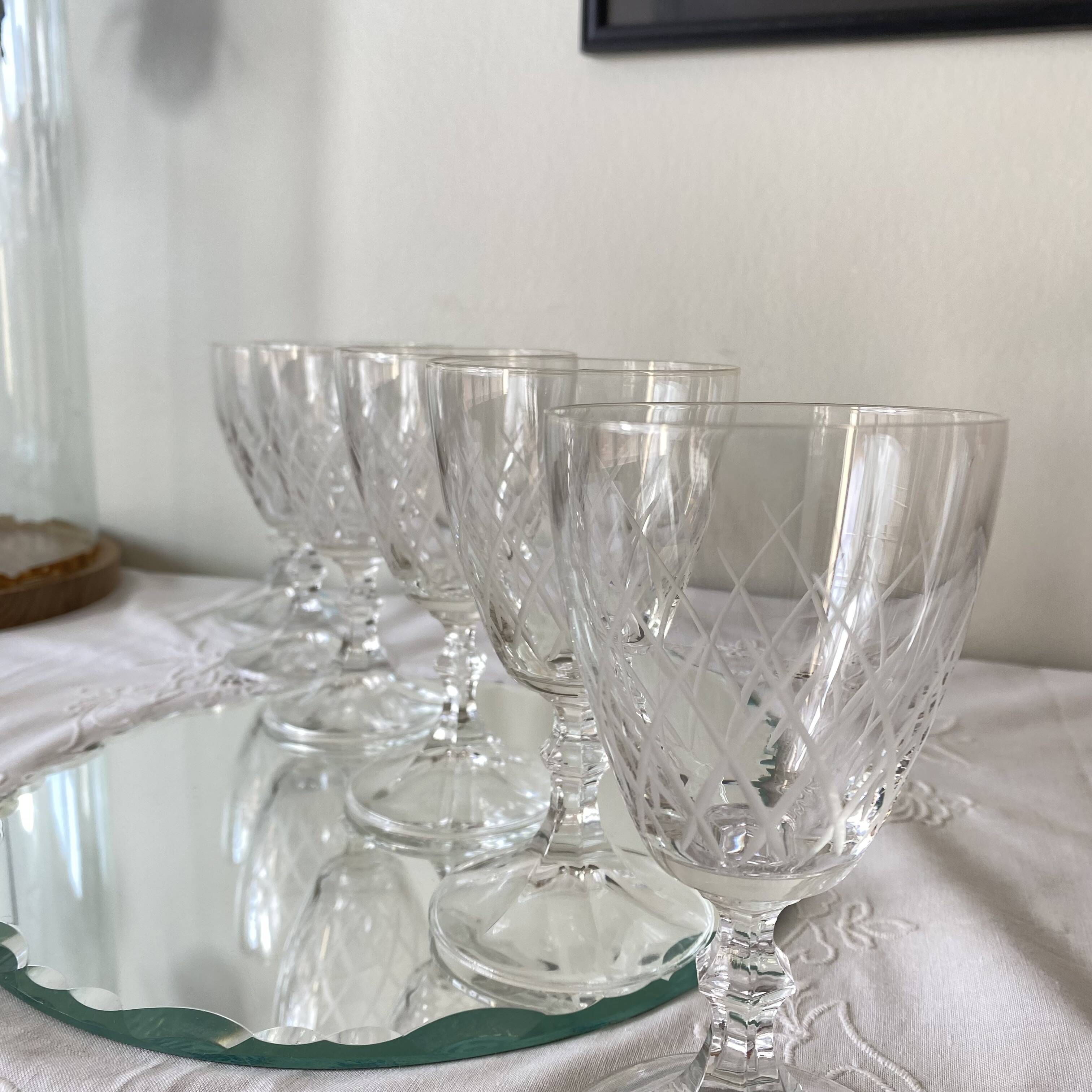 6 antique engraved glasses for wine or water.