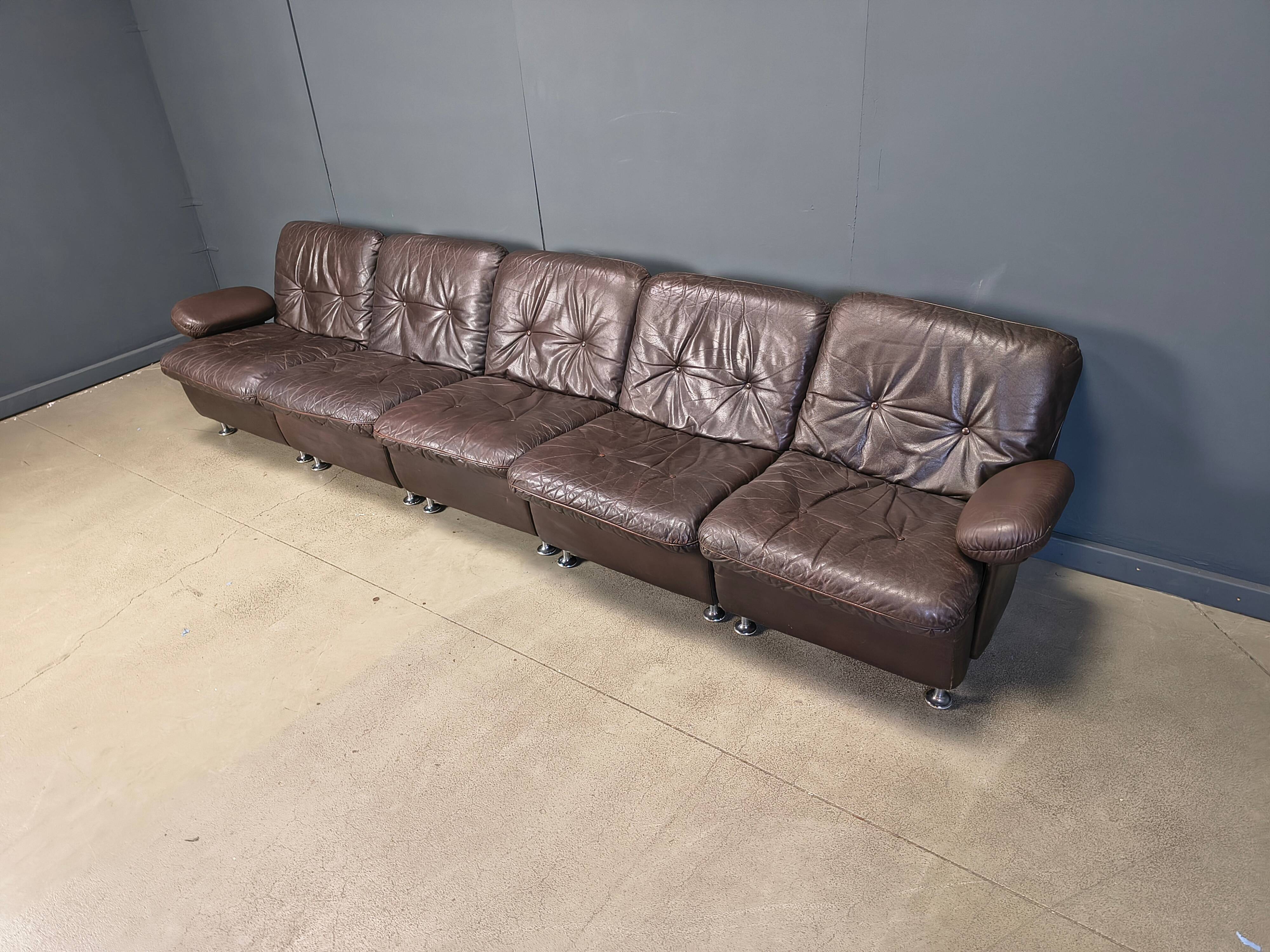 Modular vintage brown leather sofa, 1970s.