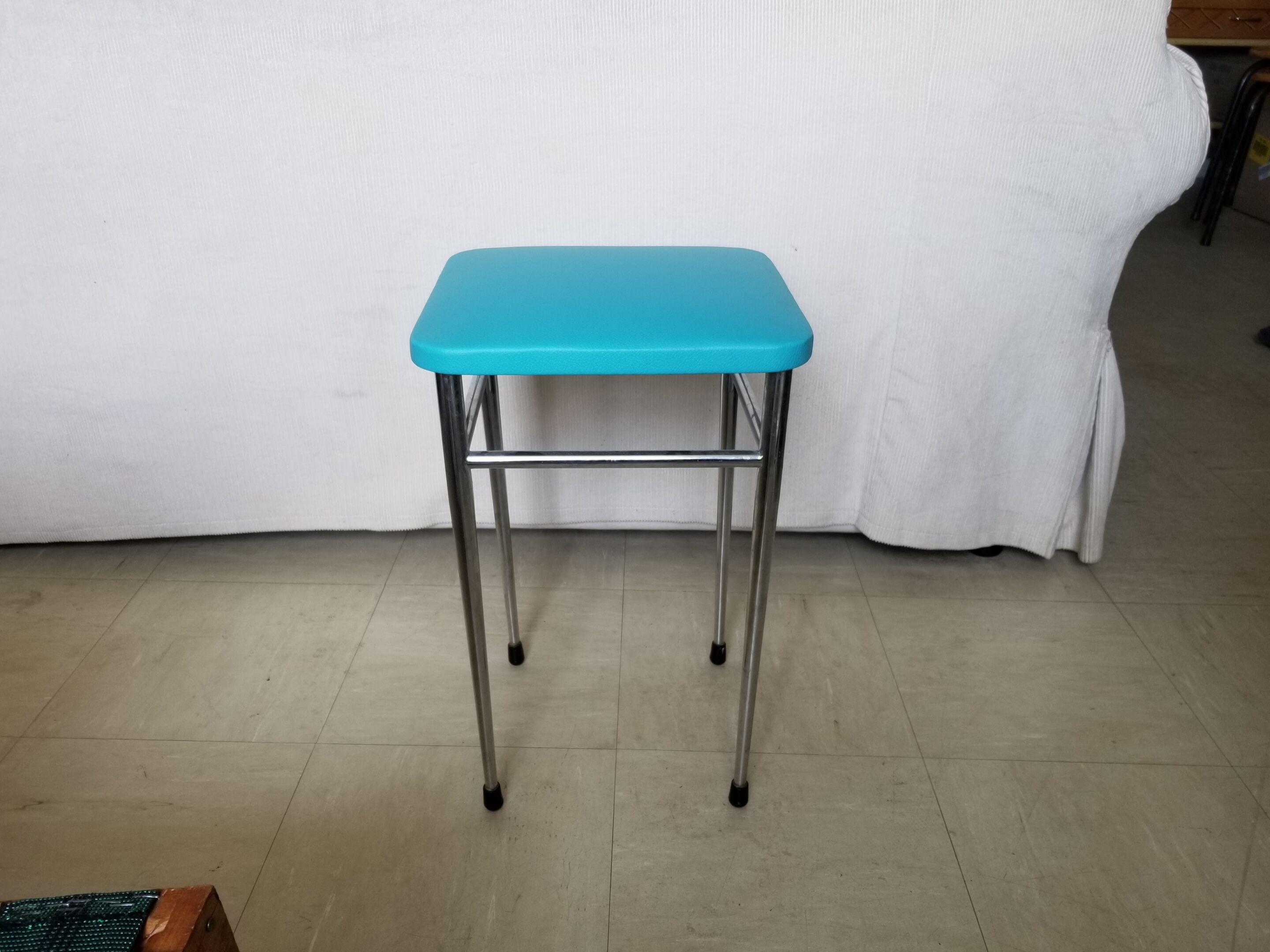 Vintage chromed stool in turquoise blue skai