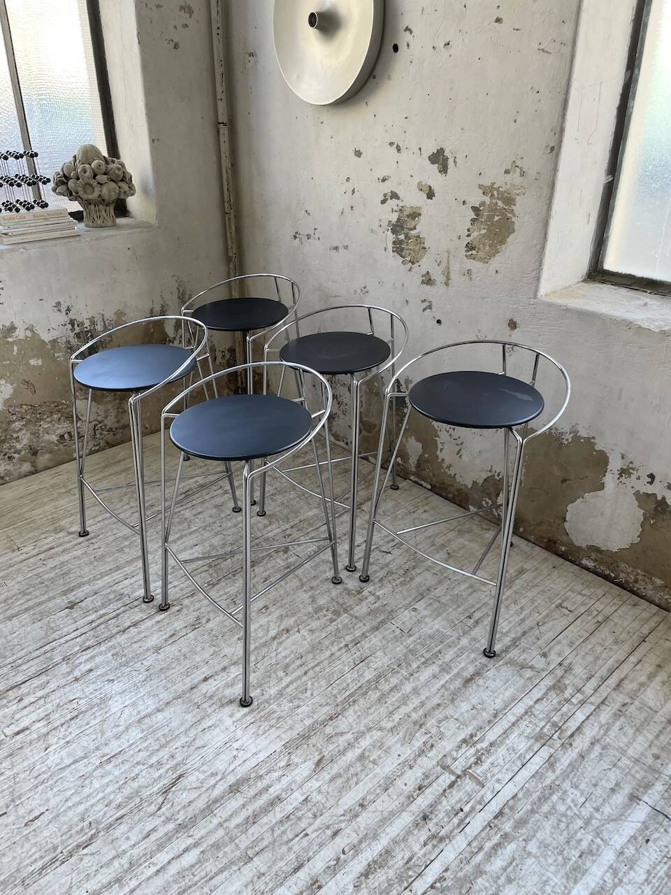 Set of 5 high stools "silver moon" Pascal Mourgue