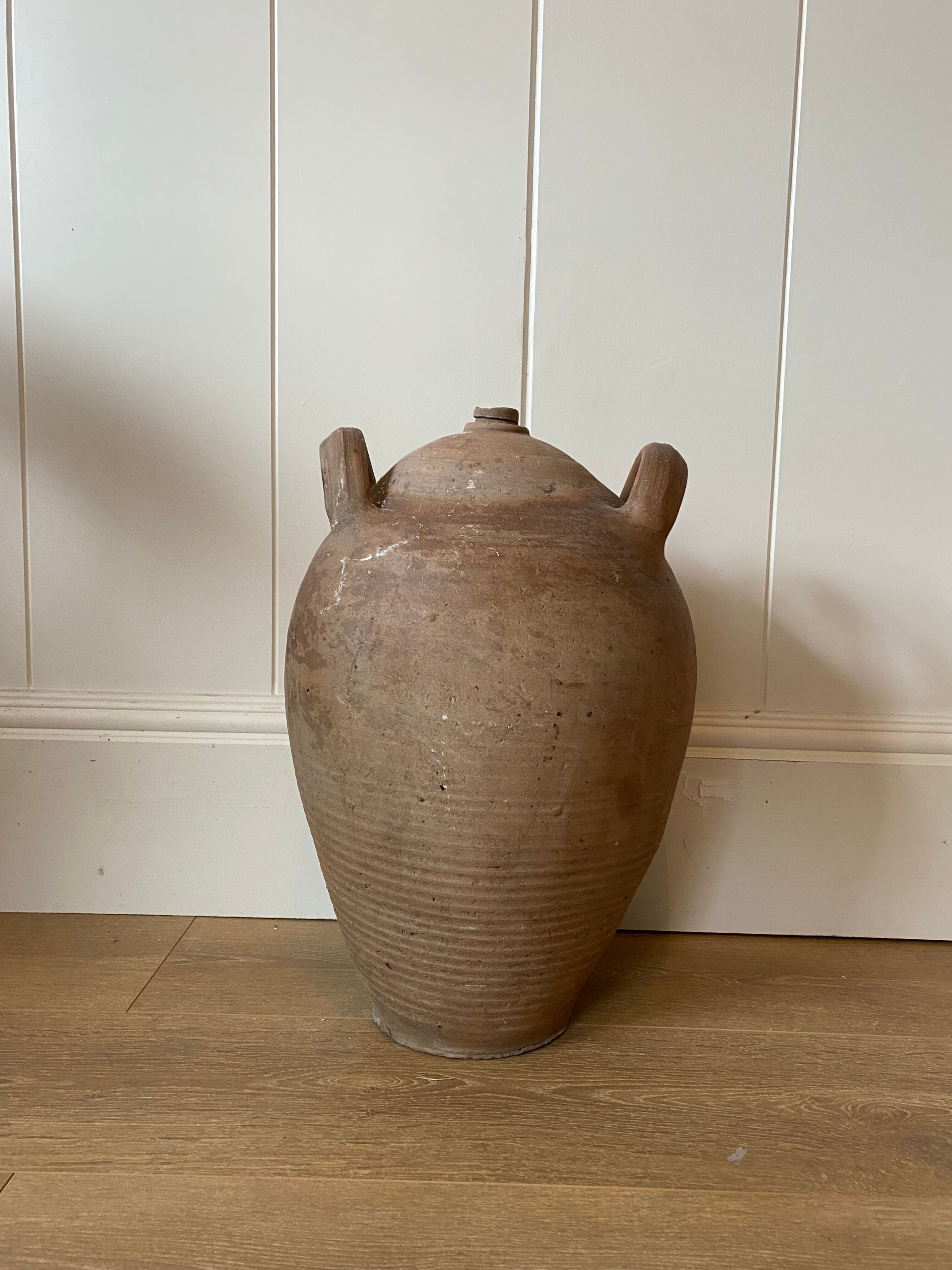 Antique french country rustic walnut oil storage jar