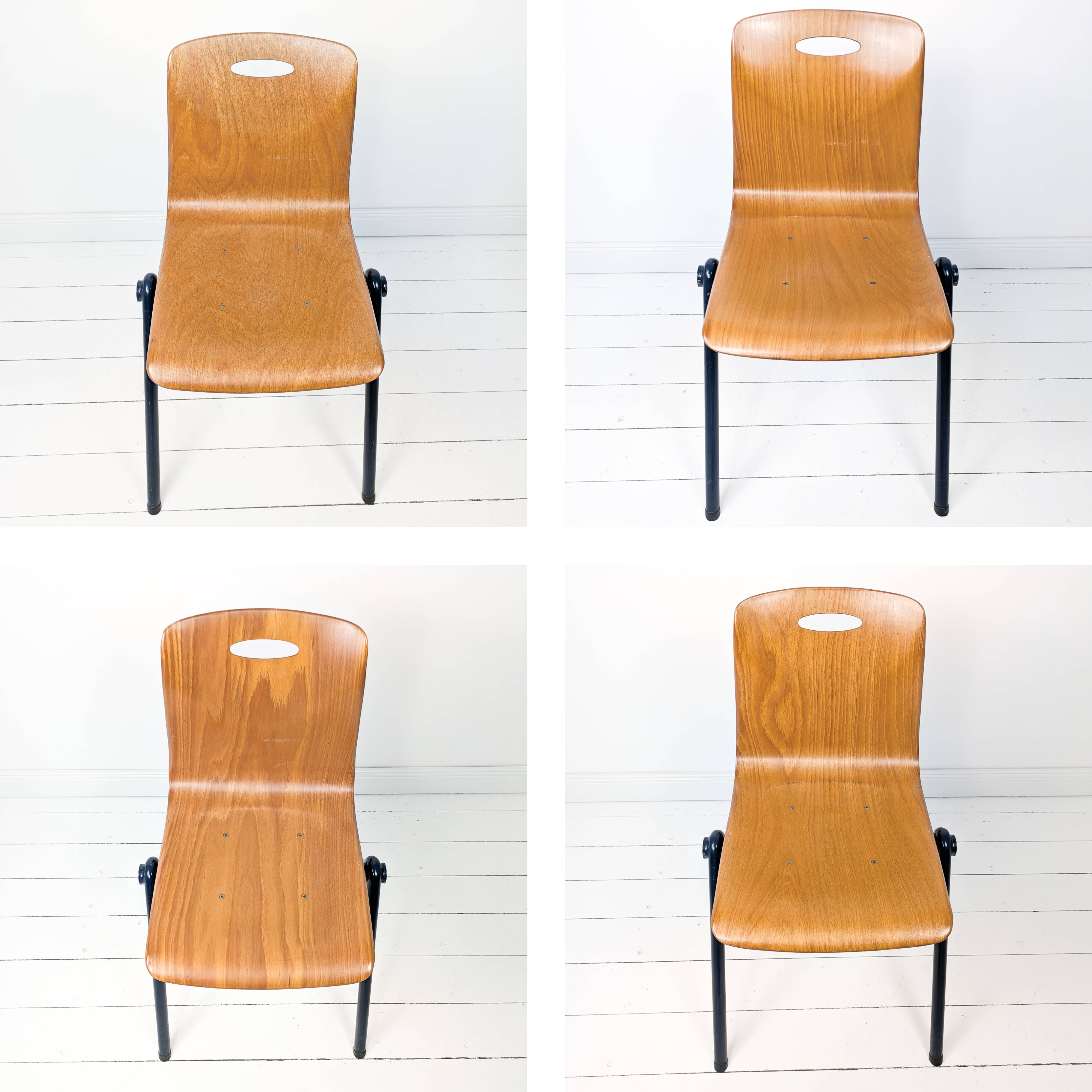 Lot de 4 chaises empilables vintage métal bois, style industriel Mid-Century