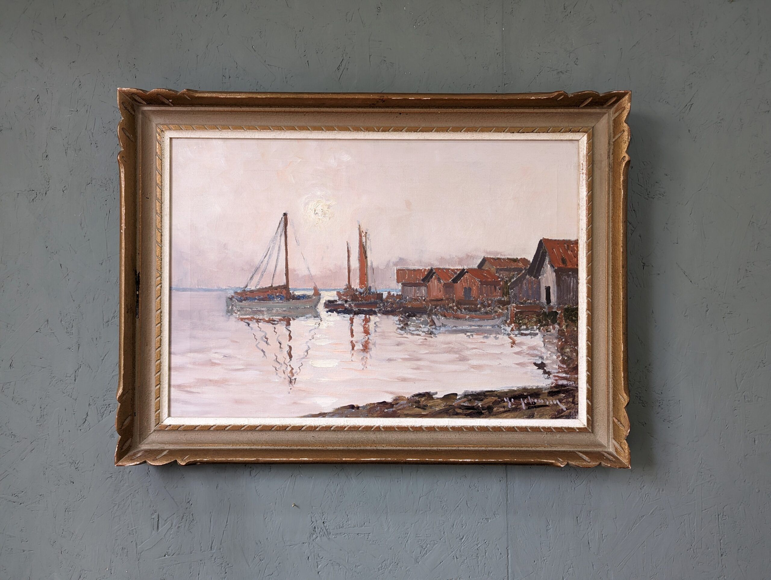 Mid-Century Modern Swedish "Coastal Sunset" Vintage Seascape Oil Painting, Framed