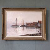 Mid-Century Modern Swedish "Coastal Sunset" Vintage Seascape Oil Painting, Framed