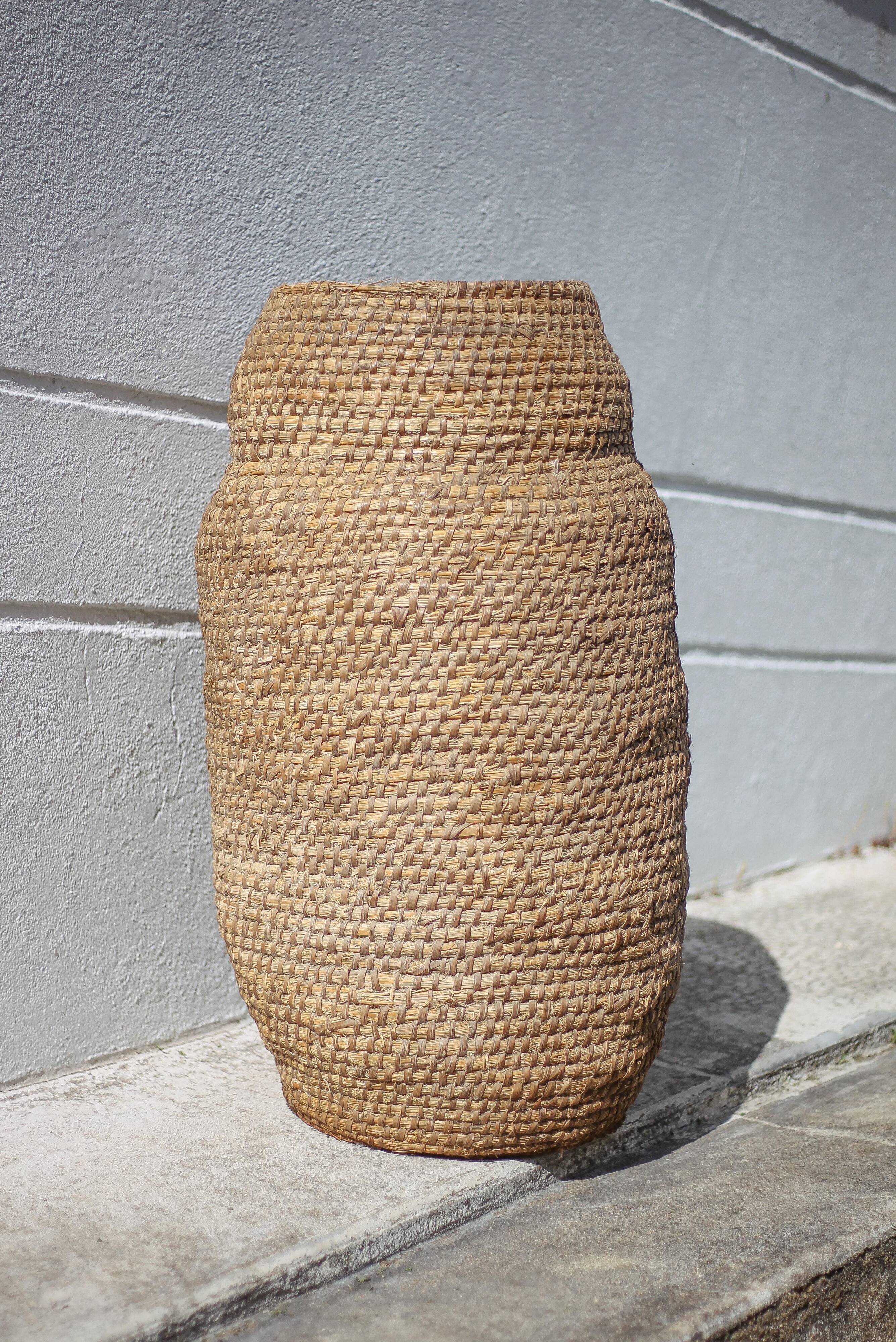 Large old basket, burgundy straw and bramble, woven basket