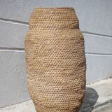 Large old basket, burgundy straw and bramble, woven basket