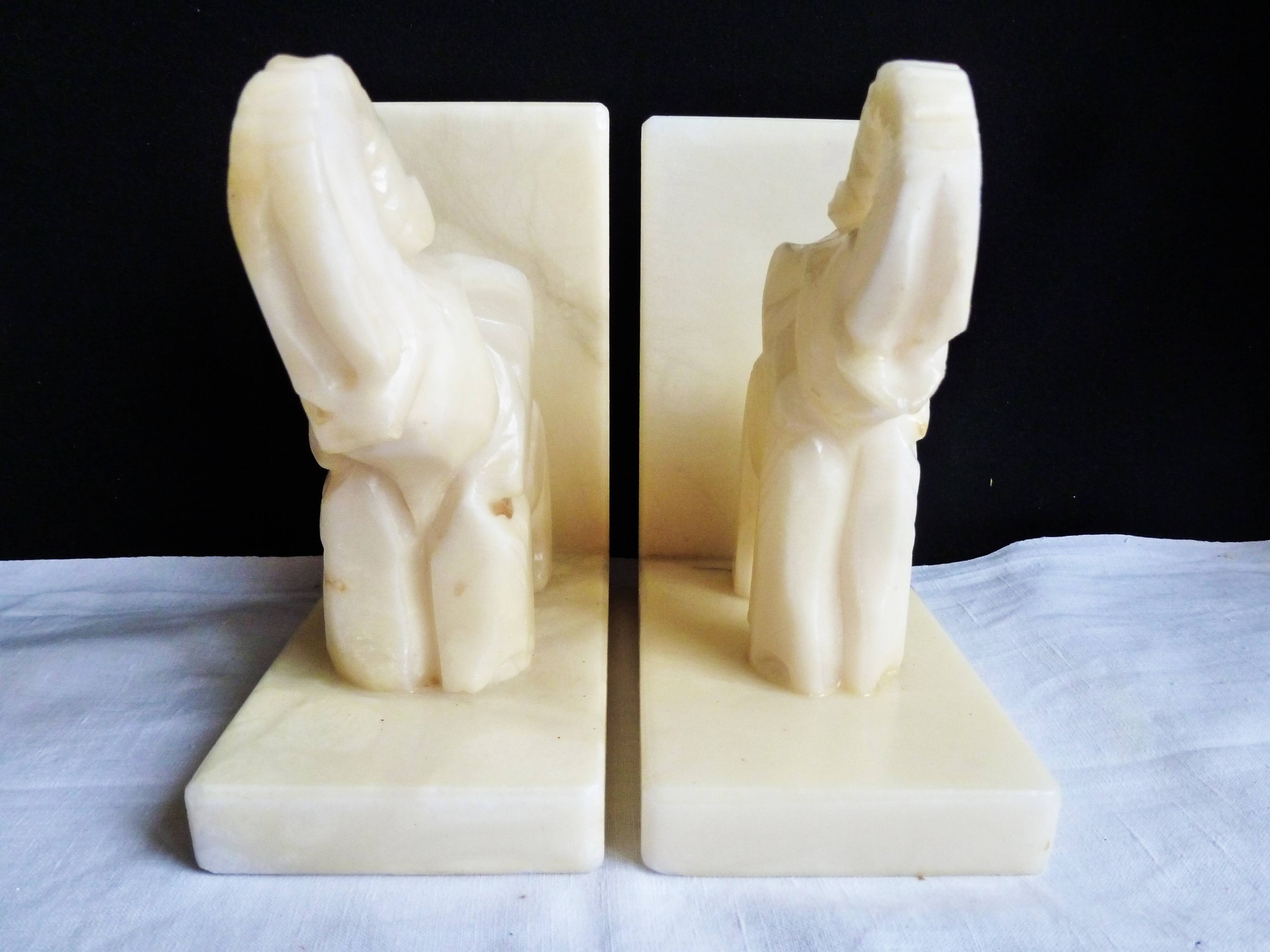 Elephant bookends in alabaster, Pair of elephant bookends.