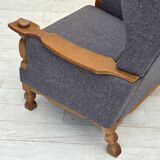 1970s, highback Danish armchair with footstool, furniture wool fabric, oak.