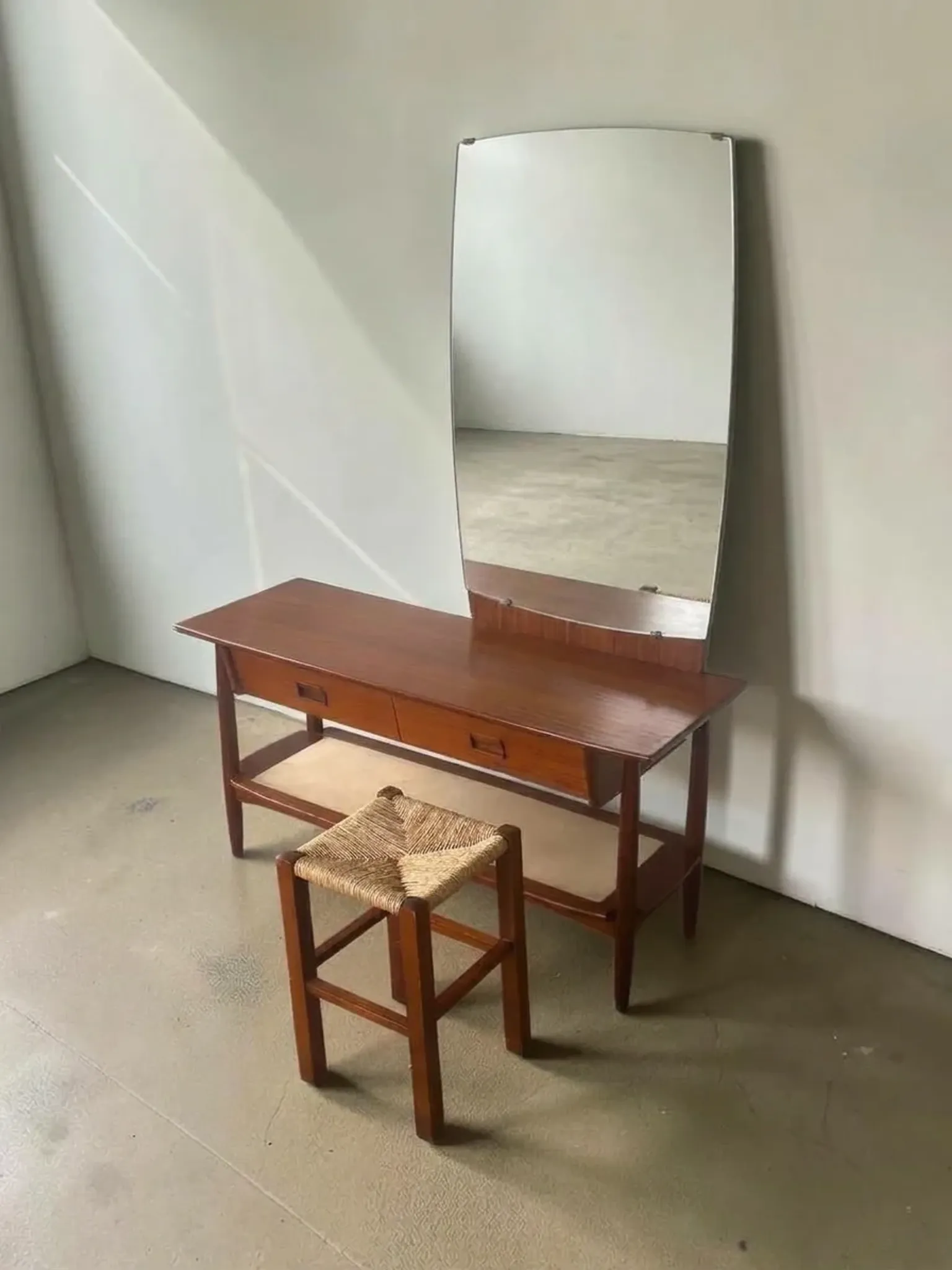 Vintage teak dressing table with mirror and drawers.