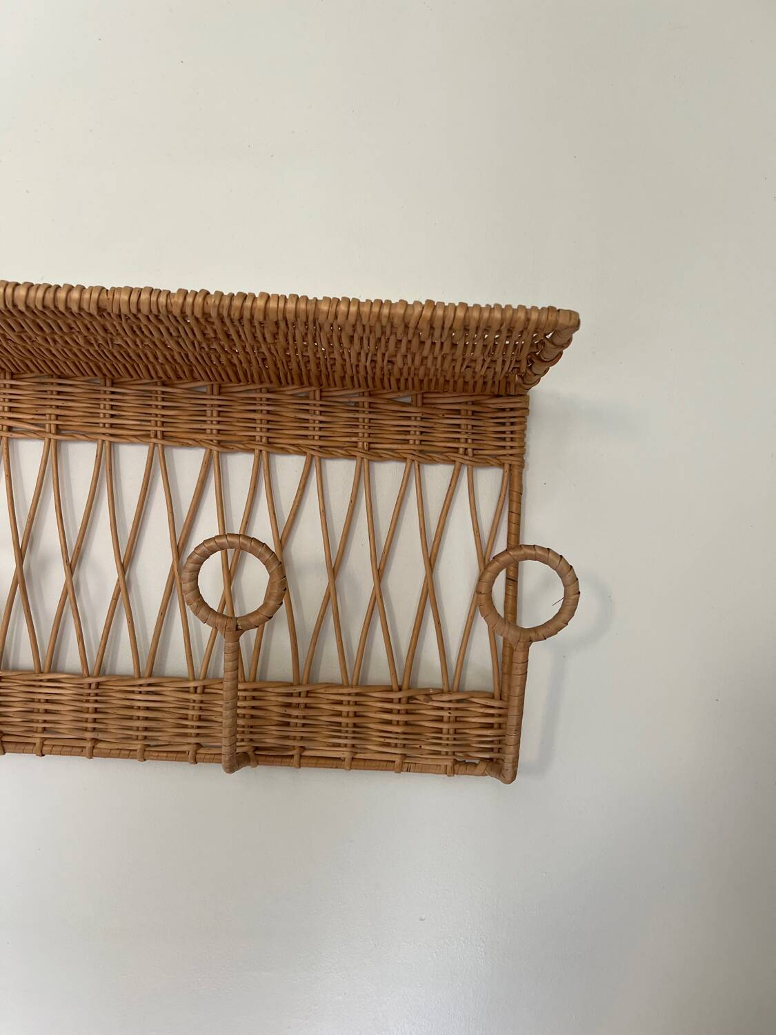 Vintage rattan coat rack wall shelf