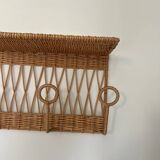 Vintage rattan coat rack wall shelf