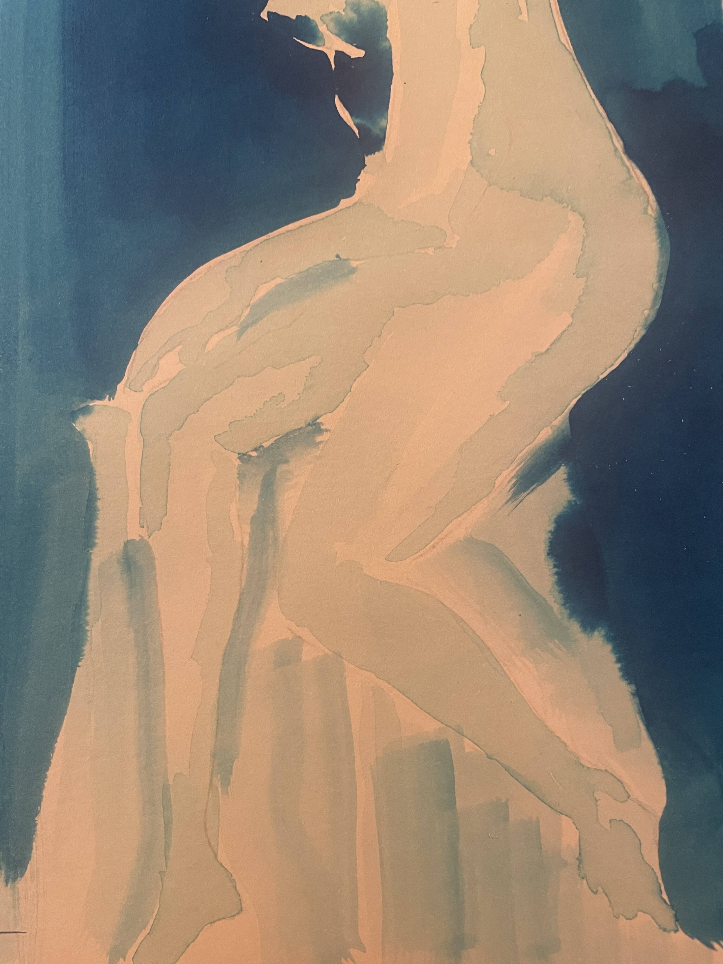 Monochrome blue watercolour tableau collection "blue lady" the pose, signed.