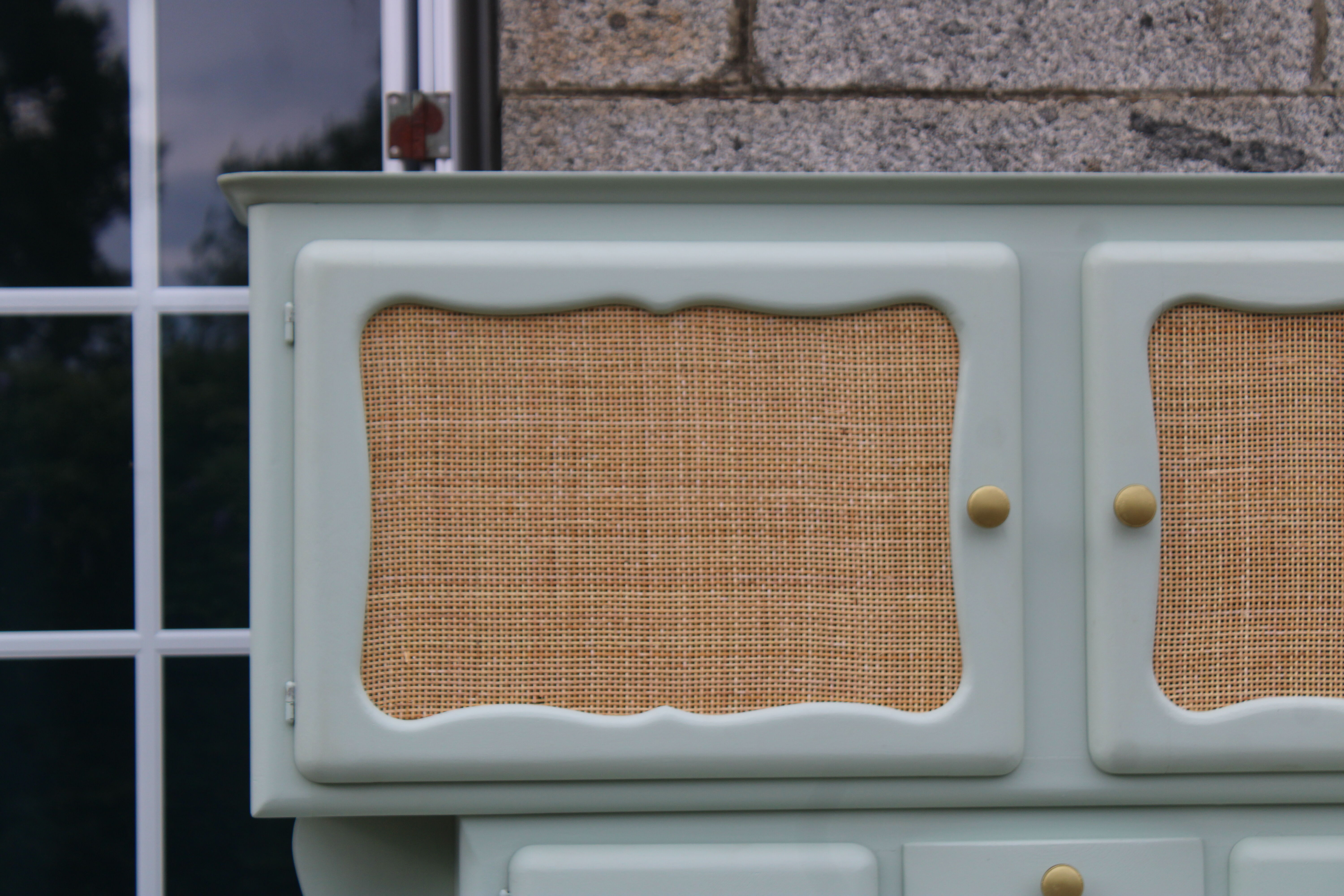 Renovated vintage Mado sideboard – Celadon green & natural cane