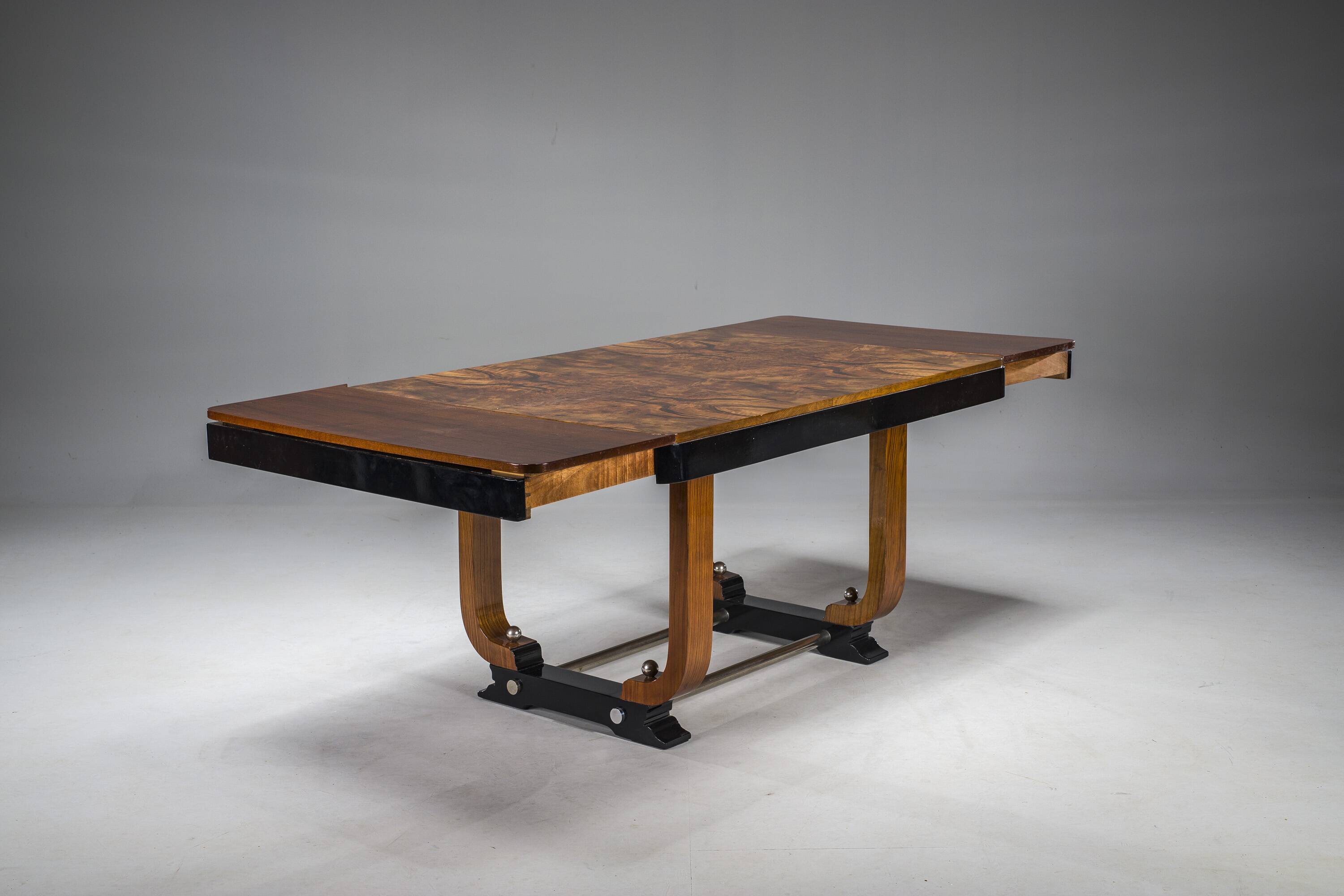 Art Deco French Walnut & Burl Dining Set, 1930s, Set of 7