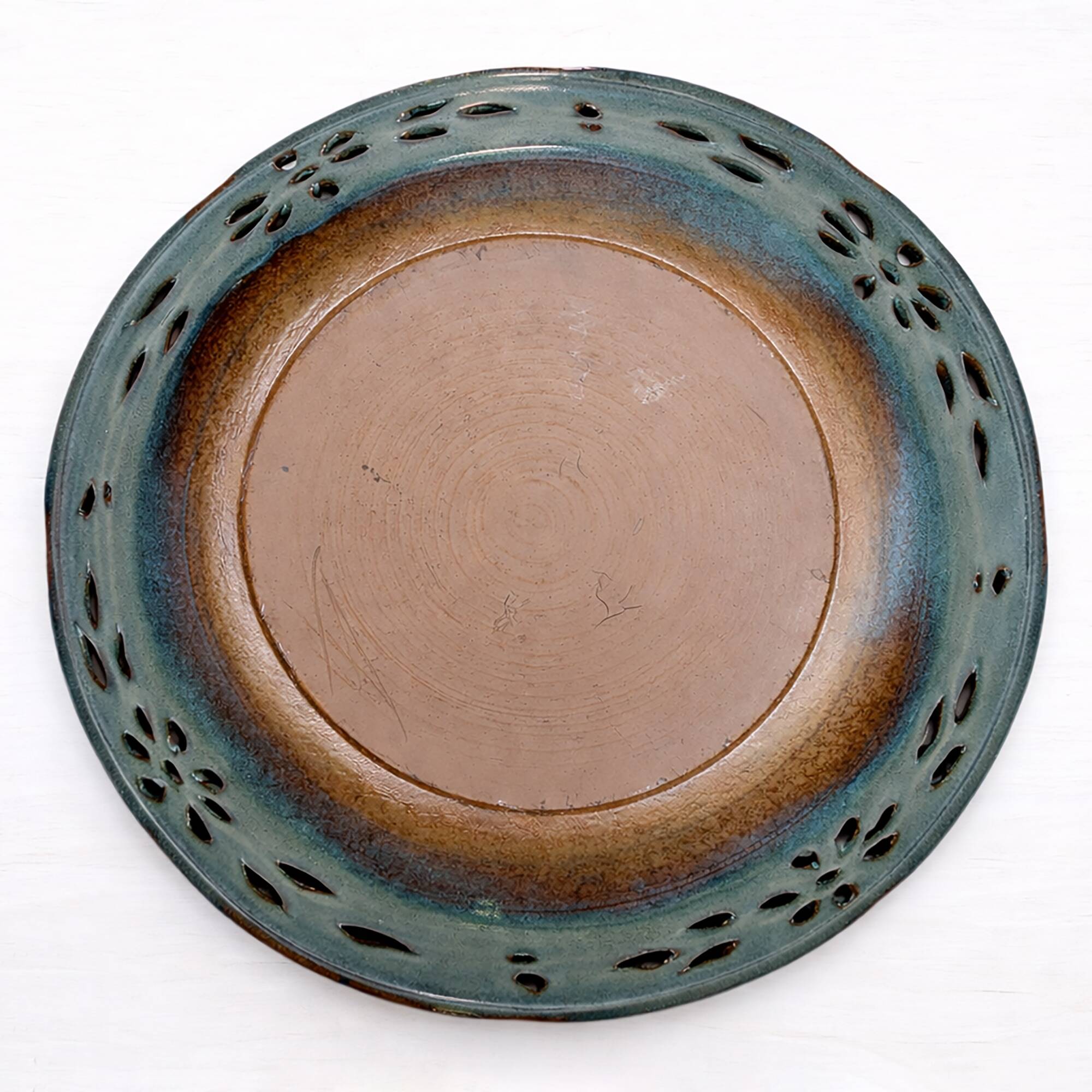 Very large handcrafted openwork stoneware dish Ø 36 cm – Turquoise blue glaze