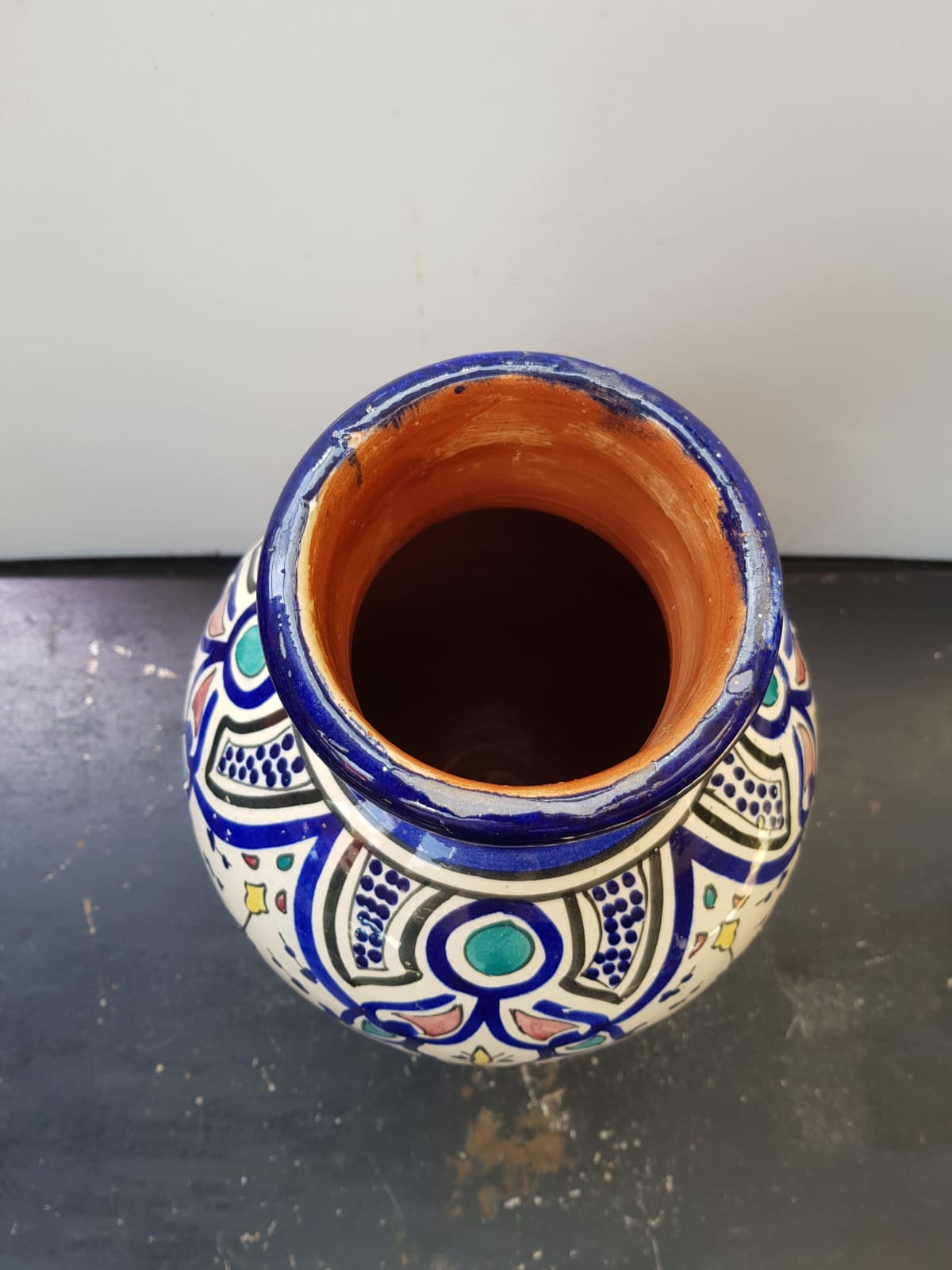 Old terracotta vase enameled painting vintage oriental style