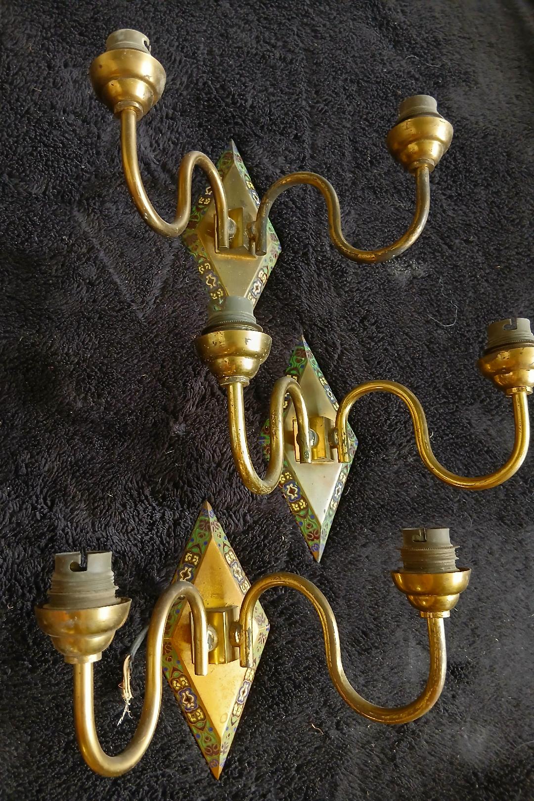 3 Art Deco cloisonné enamel wall lights