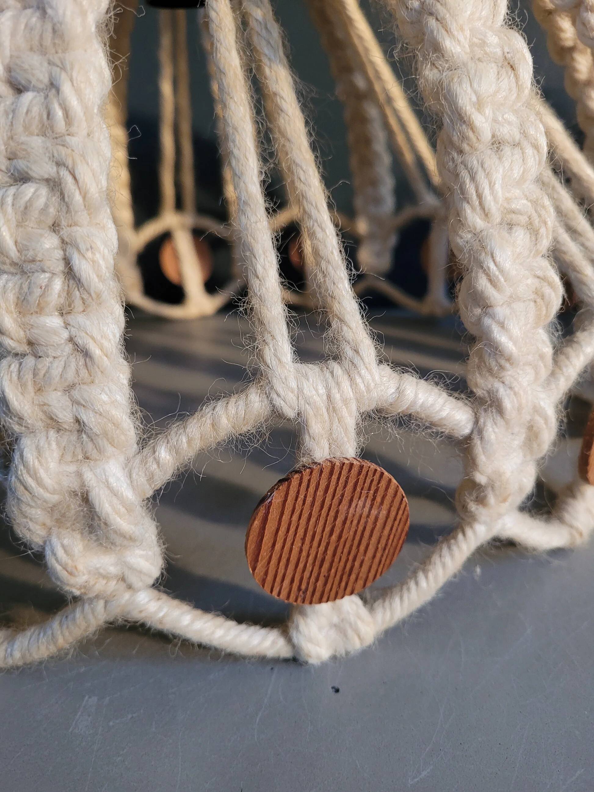 Vintage macramé and wood pendant light