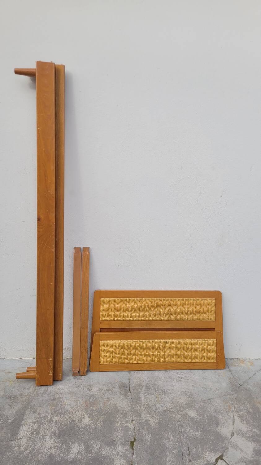 Vintage rattan and solid oak bed 1950s design