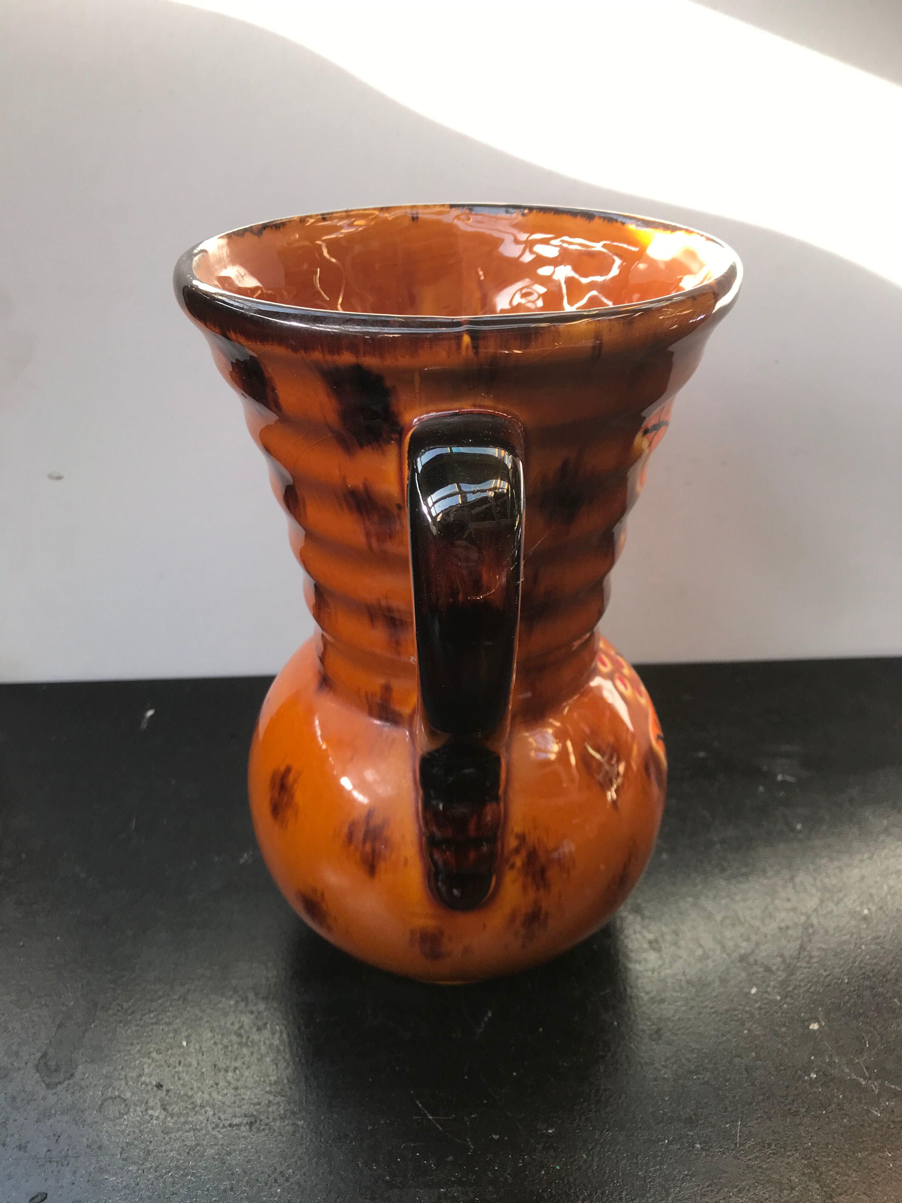 Ancient Vase With Autumn Ceramics Brown - Decor Leaves 70s Vintage