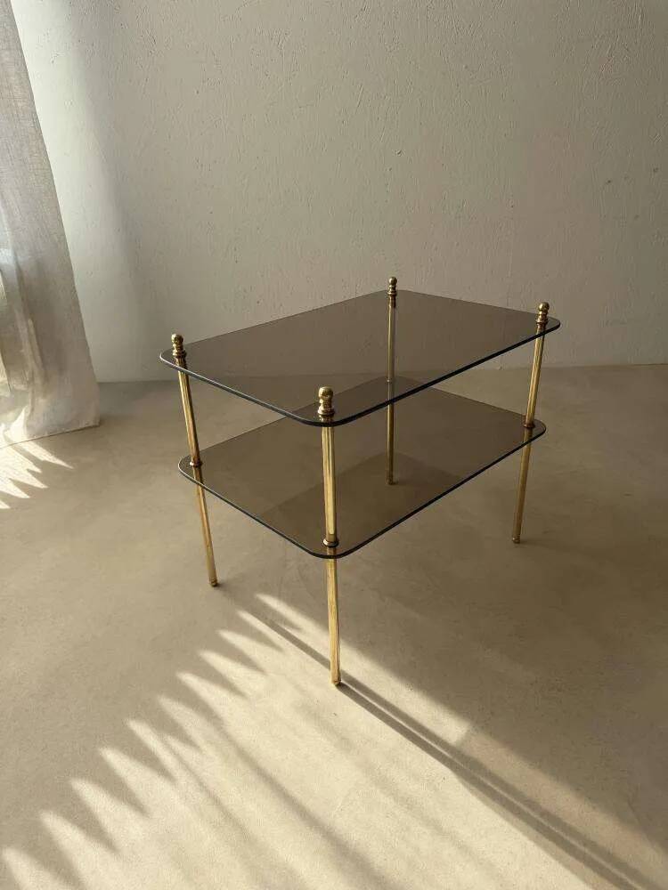 Vintage brass side table with smoked glass, 1970s