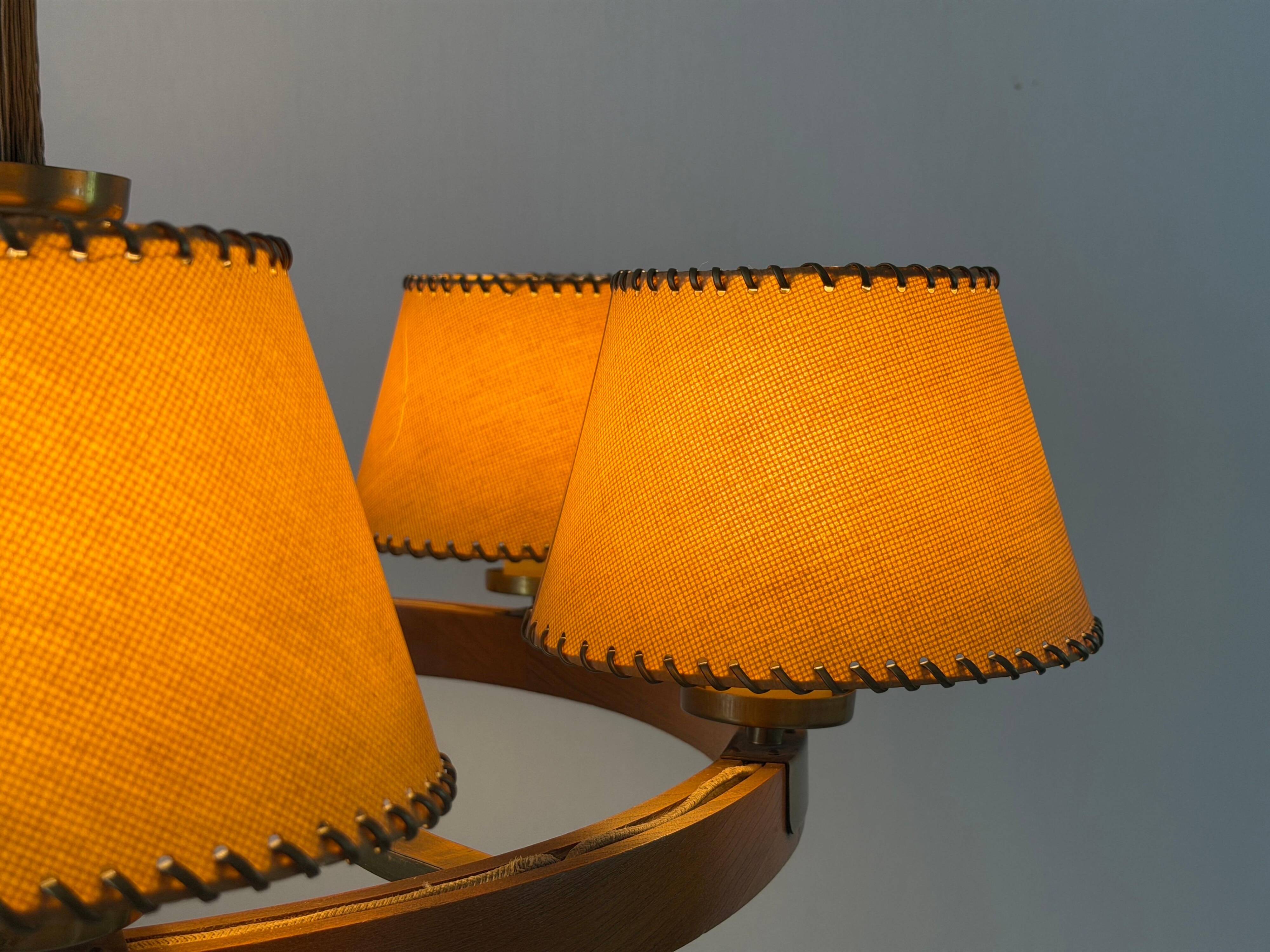6 wooden paper head chandeliers with brass details, 1960s, Germany
