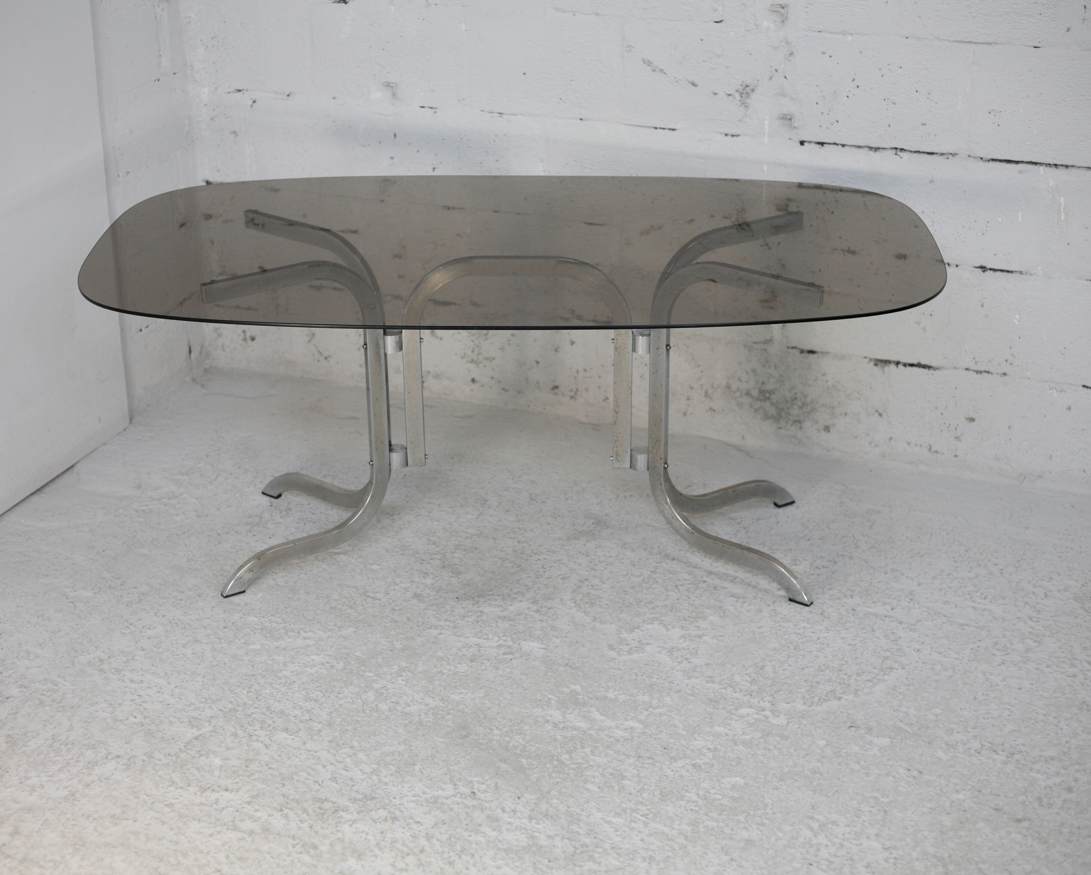 Table chrome steel smoked glass slab. France, circa 1970