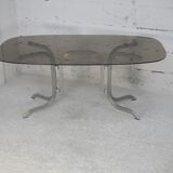 Table chrome steel smoked glass slab. France, circa 1970