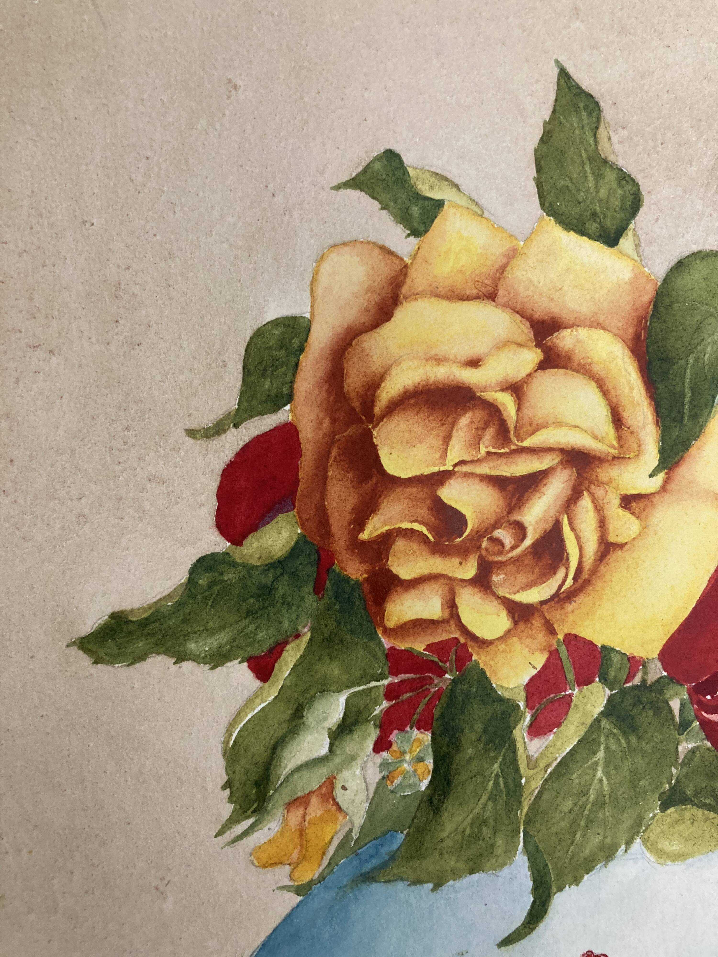 Vintage watercolor with roses in earthenware vase with angel