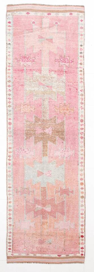 Light Pink & Brown Turkish Vintage Runner Rug, 94x328Cm