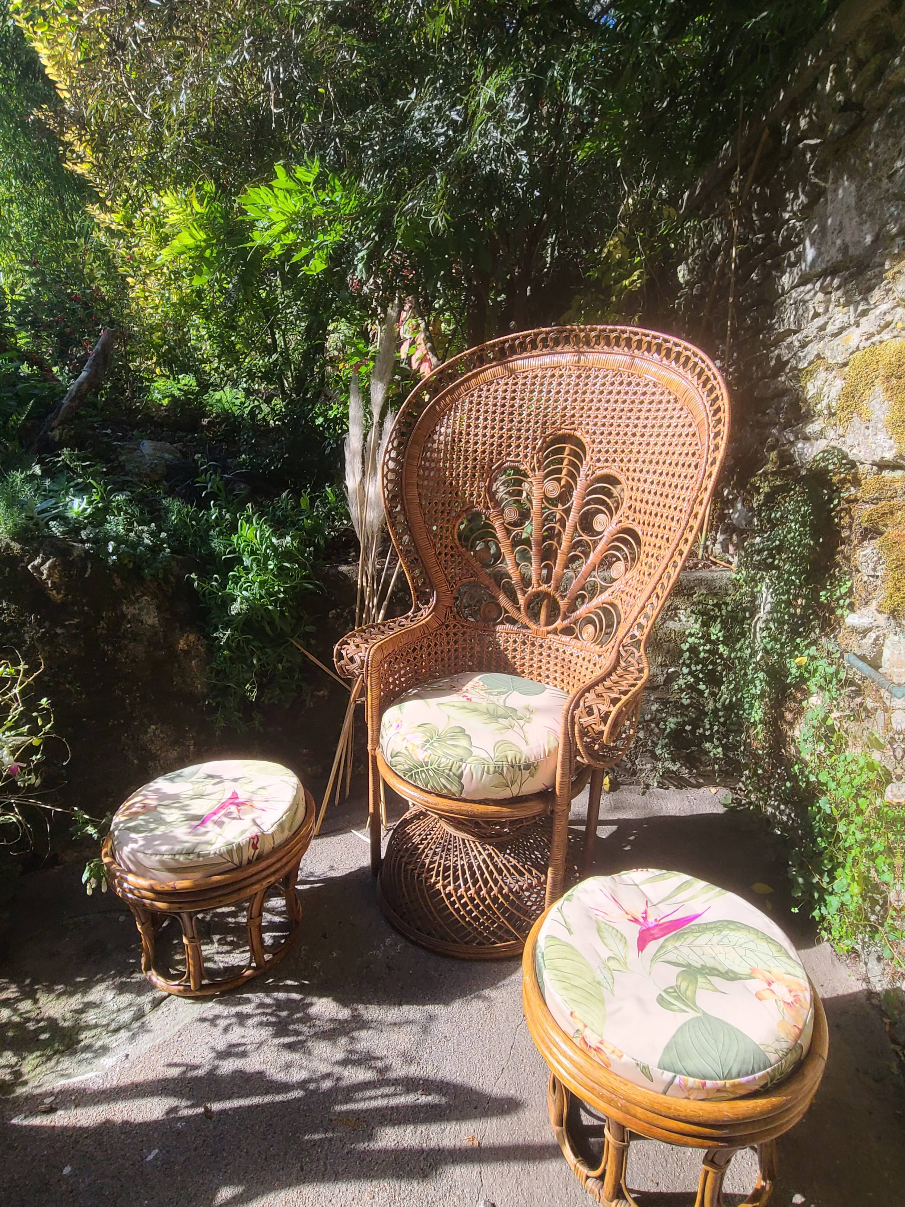 Fauteuil emmanuelle vintage et 2 poufs
