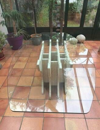 Large vintage dining table in beige stone and glass – 220 cm