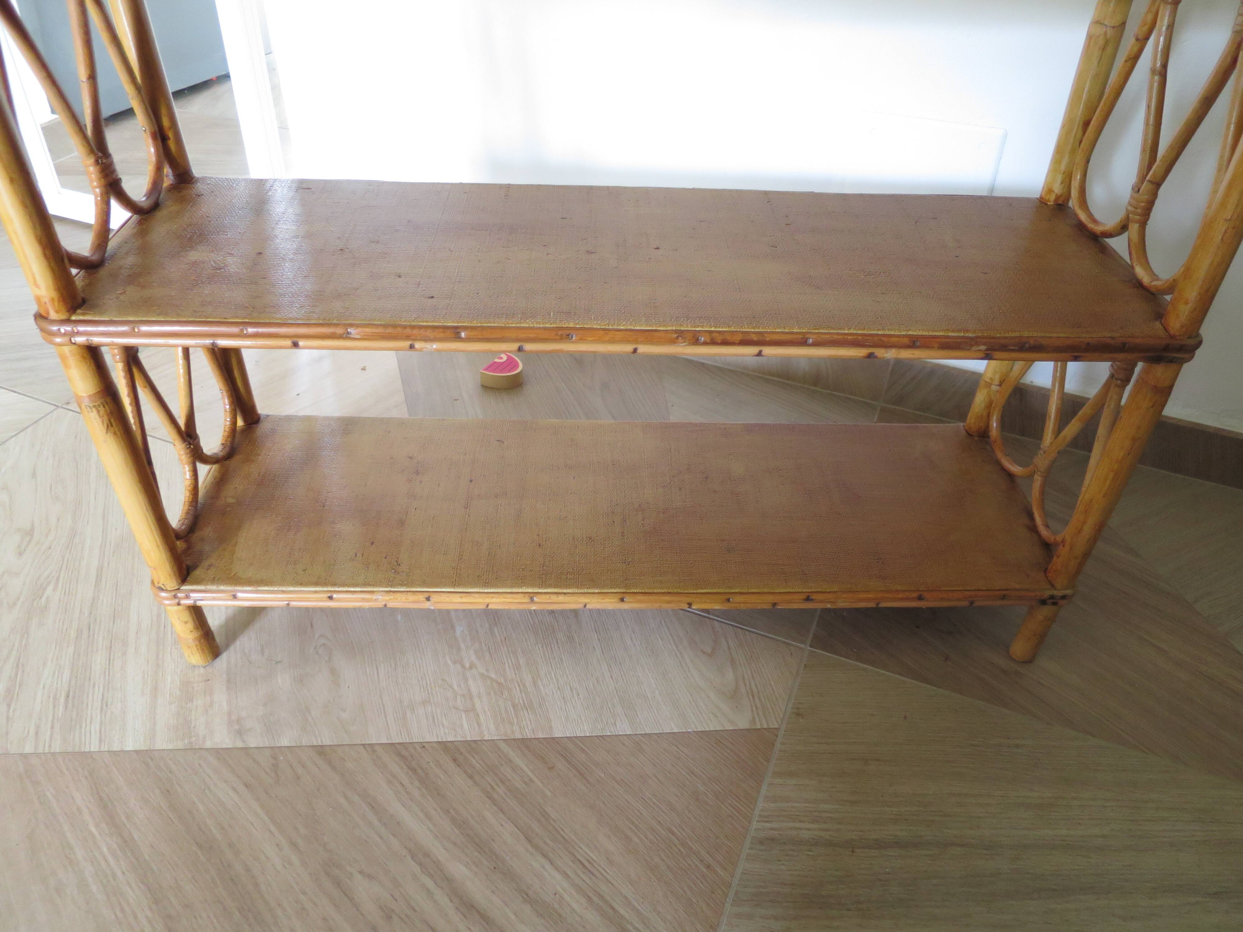 Wooden and rattan bookcase, 1970s-1980s