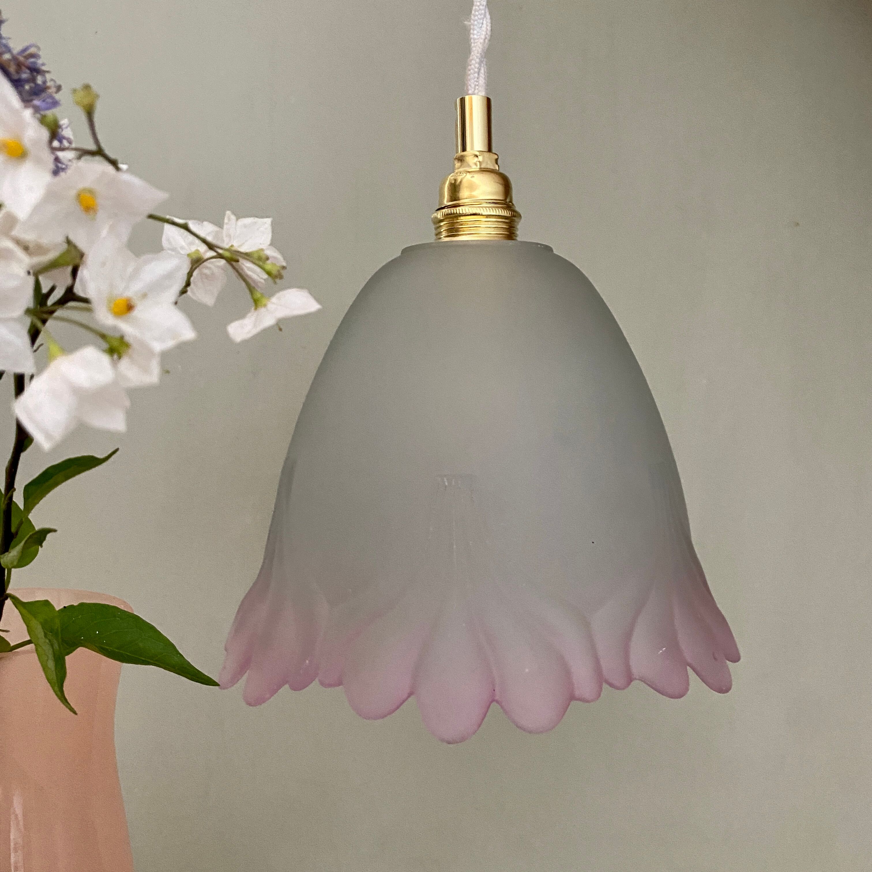 Vintage tulip suspension in frosted glass half white half pink