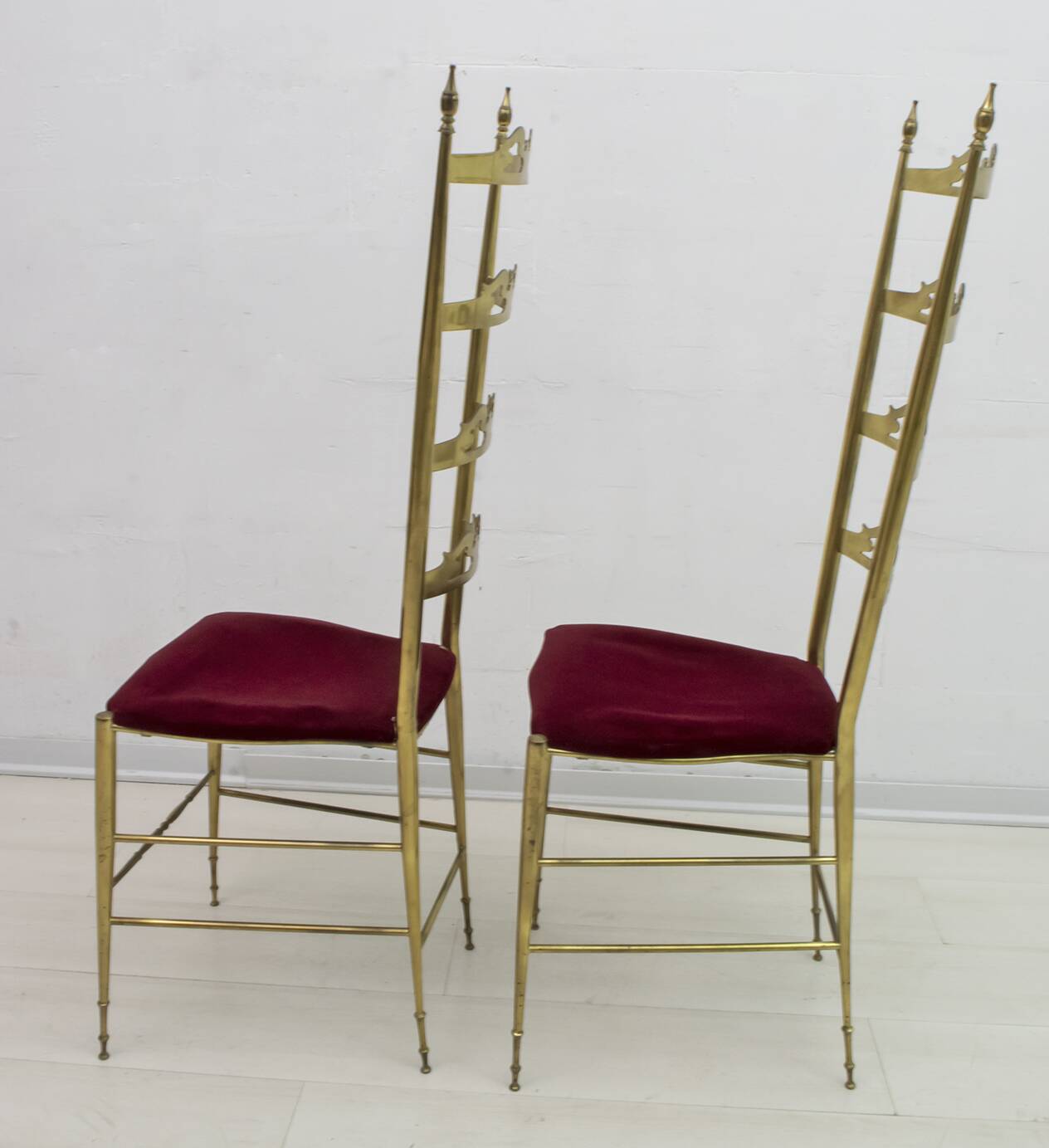Pair of Mid-Century Modern Italian Brass High Back Chiavari Chairs, 1950s