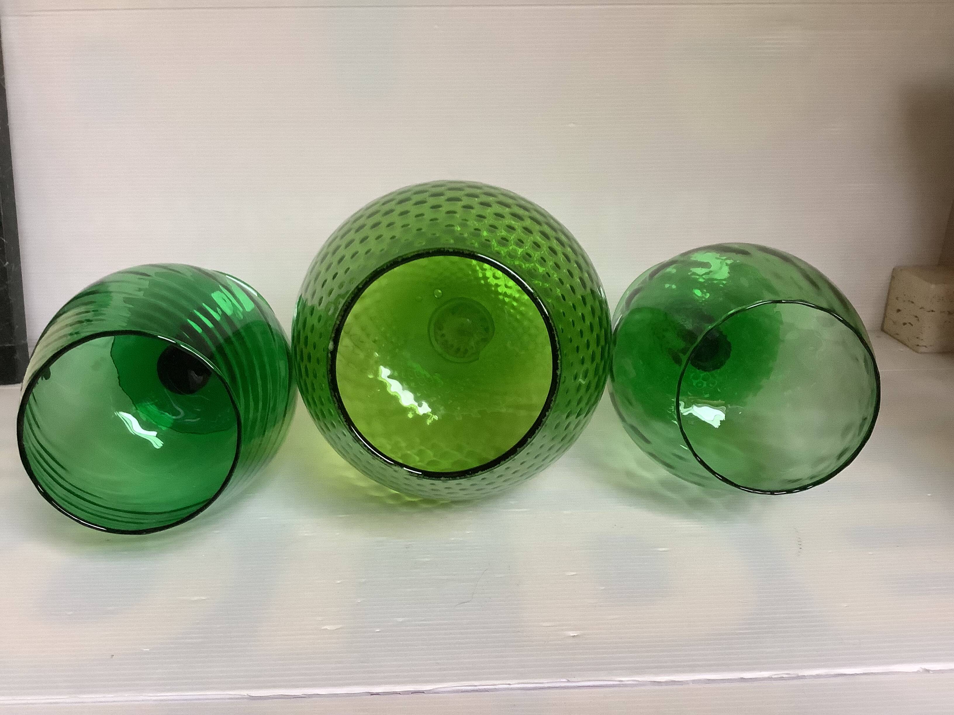 Trio of green glass vases Empoli Italy