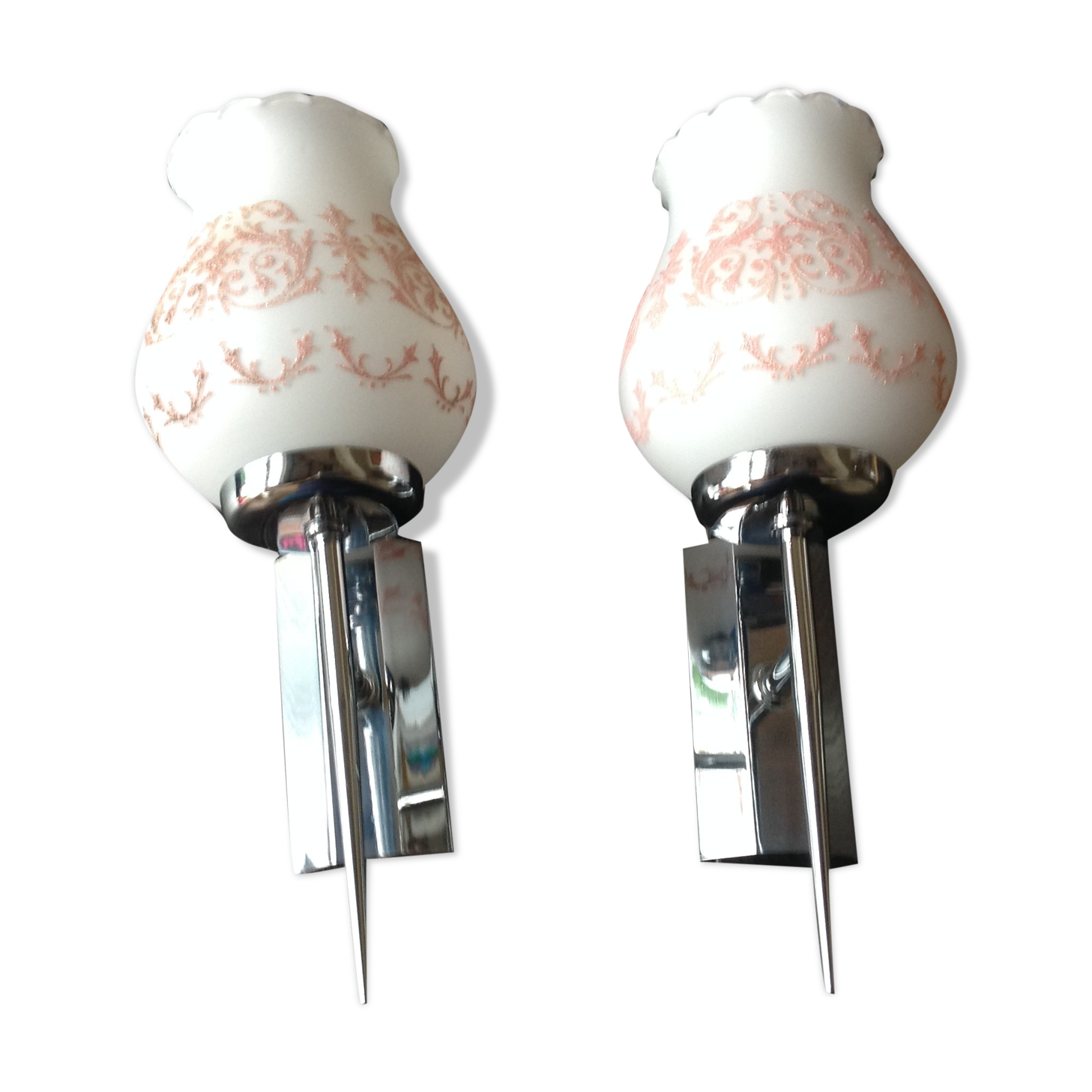 Pair of white opaline and chromed metal / vintage wall lamp 60s-70s