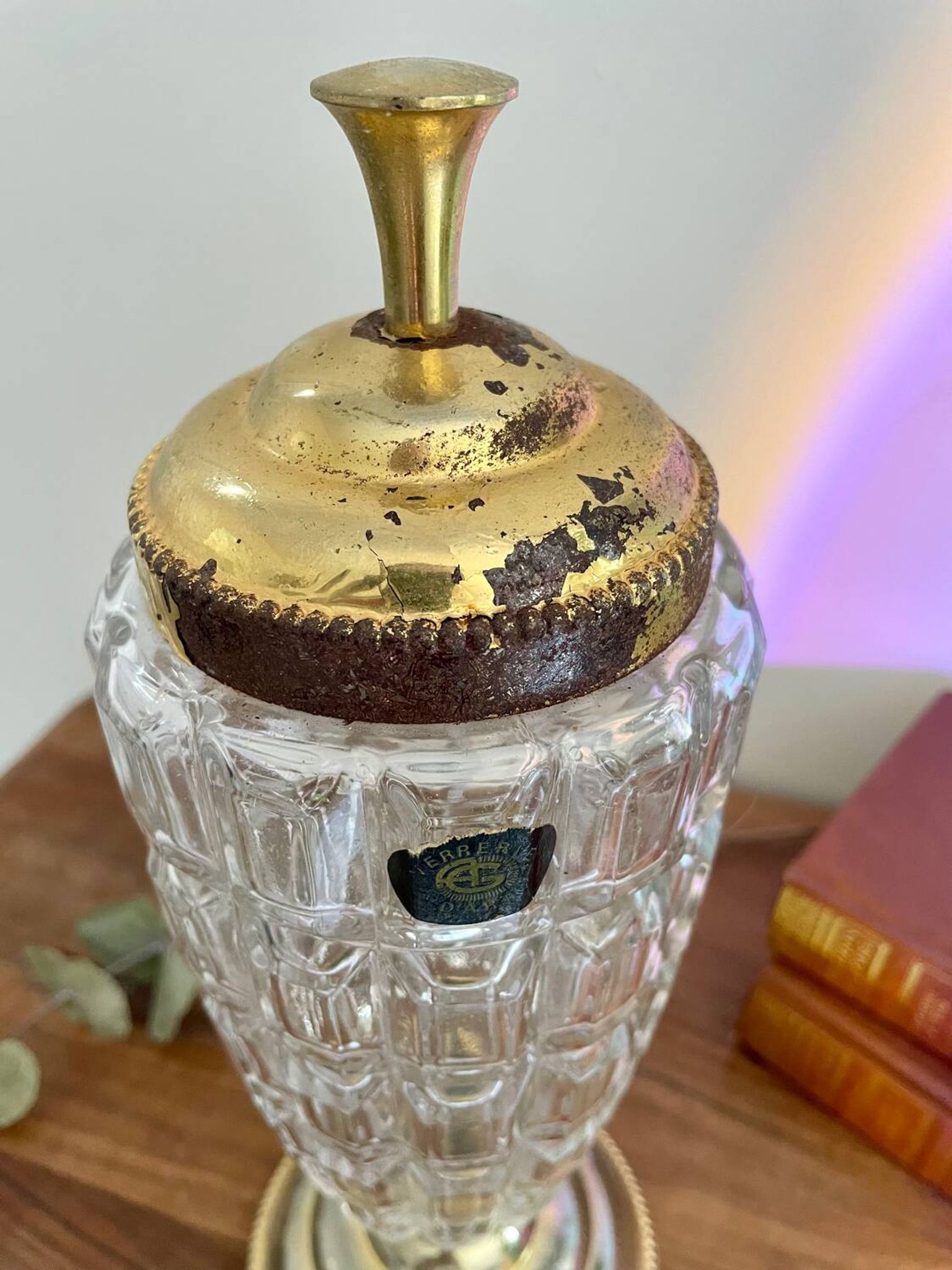 Grande bonbonnière verre et métal doré